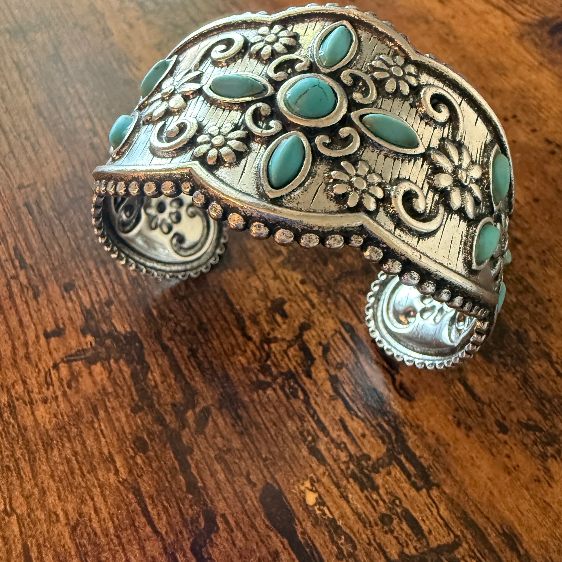 Western Cowgirl Turquoise Gemstone Floral Wide Cuff Bracelet in Mixed Metals Silver Elegant