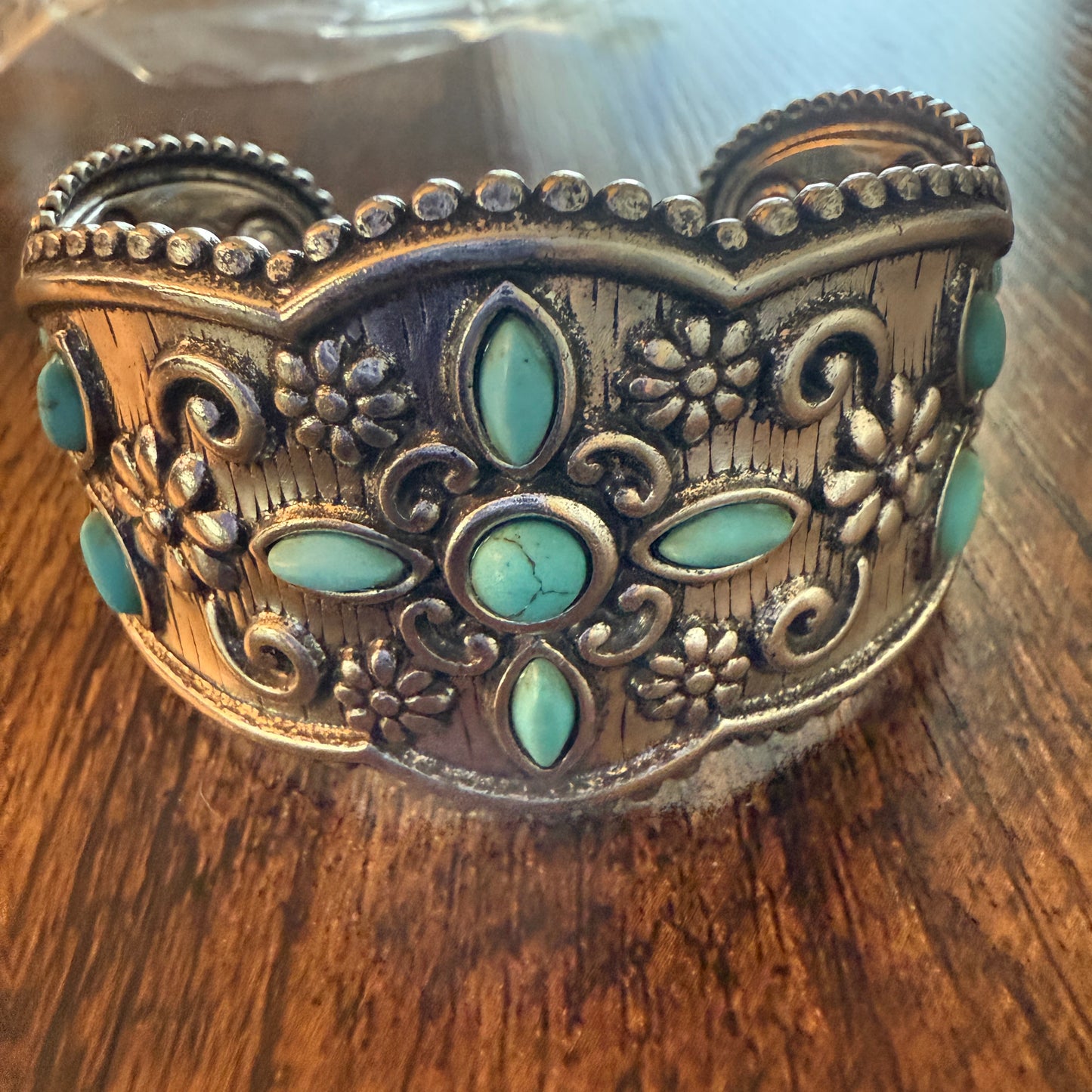 Western Cowgirl Turquoise Gemstone Floral Wide Cuff Bracelet in Mixed Metals Silver Elegant