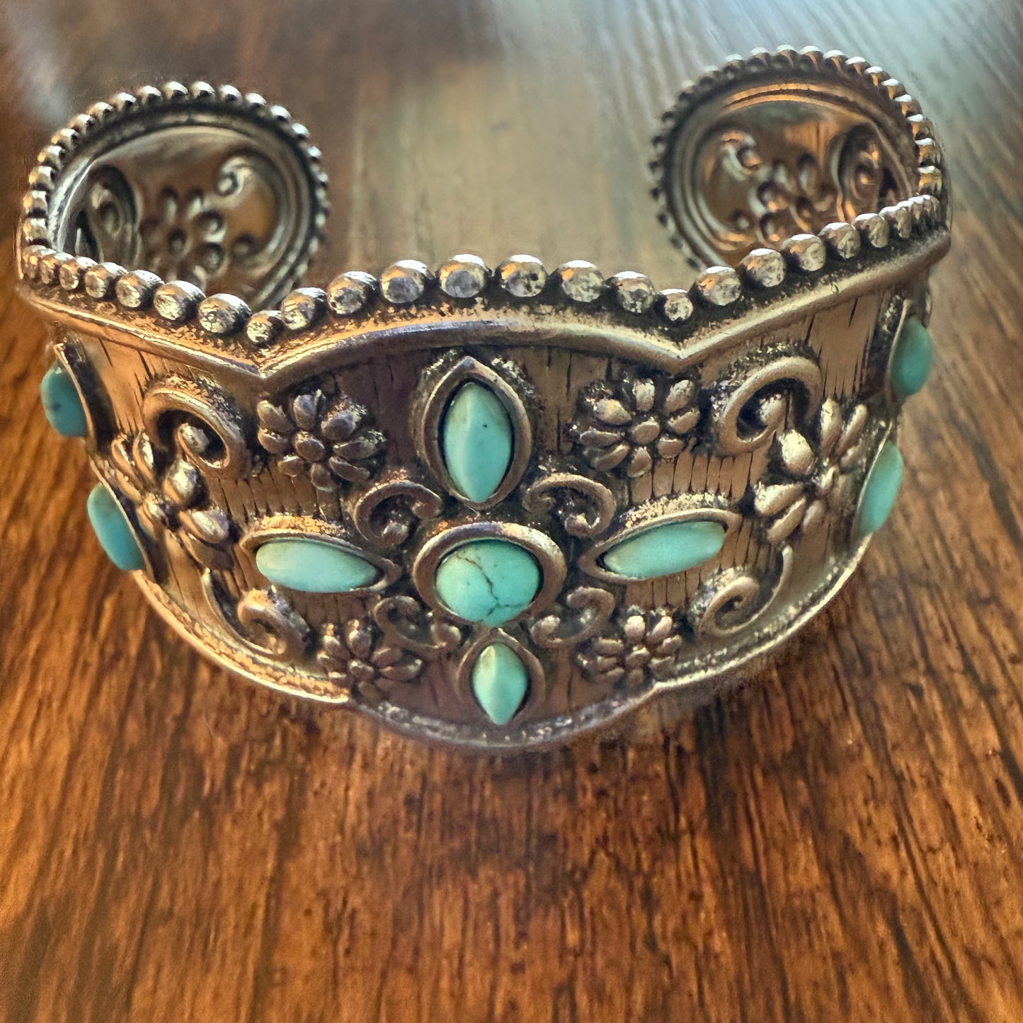 Western Cowgirl Turquoise Gemstone Floral Wide Cuff Bracelet in Mixed Metals Silver Elegant
