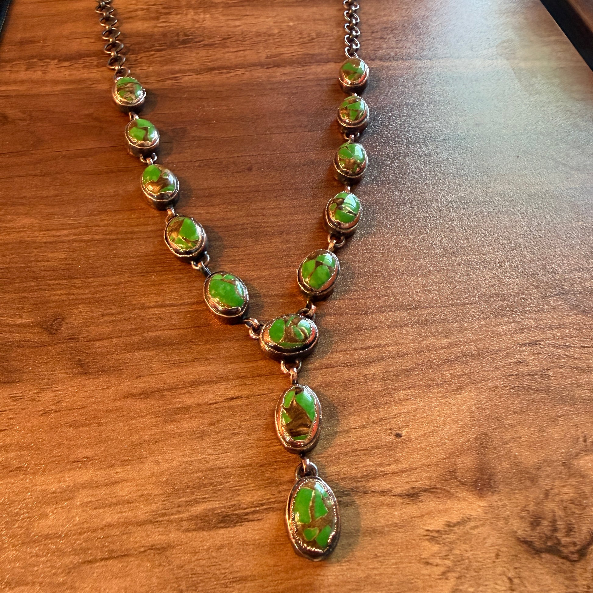 Handcrafted Green Turquoise Dahlia Necklace With Copper Chain 18 Inch Silver Elegant