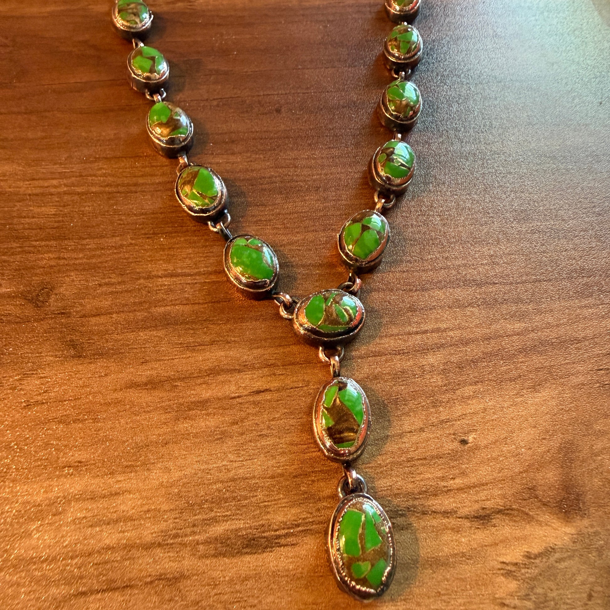 Handcrafted Green Turquoise Dahlia Necklace With Copper Chain 18 Inch Silver Elegant