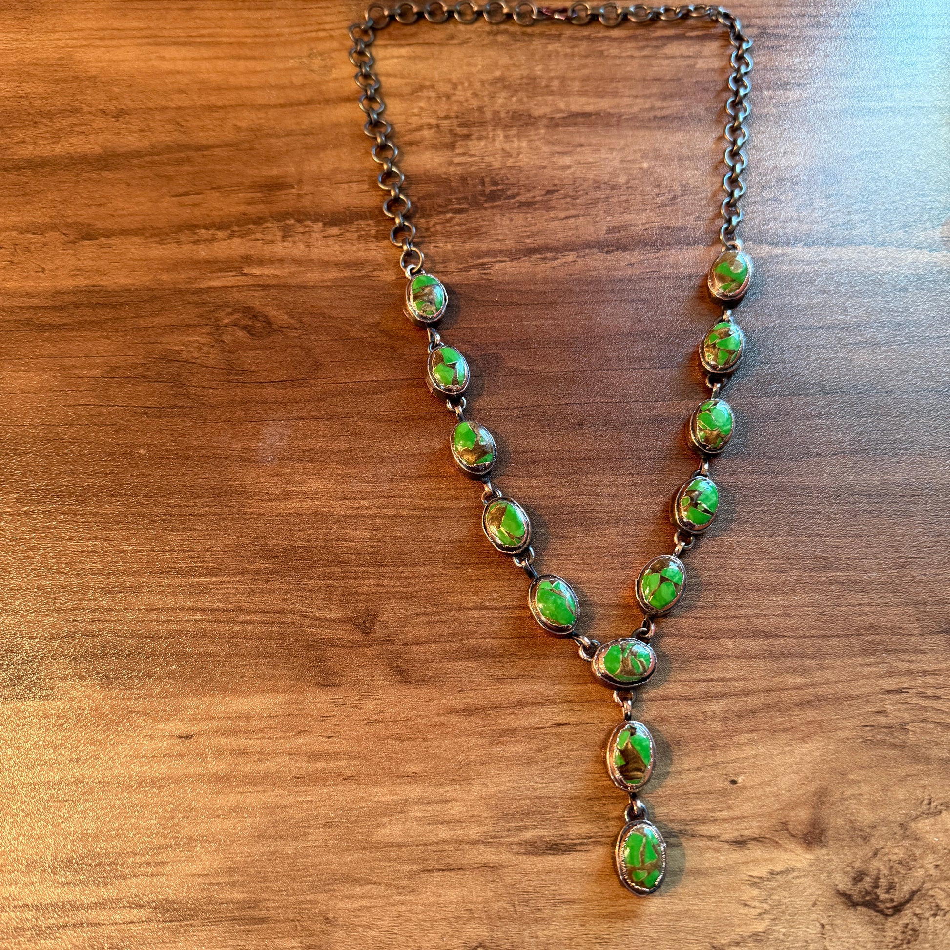 Handcrafted Green Turquoise Dahlia Necklace With Copper Chain 18 Inch Silver Elegant