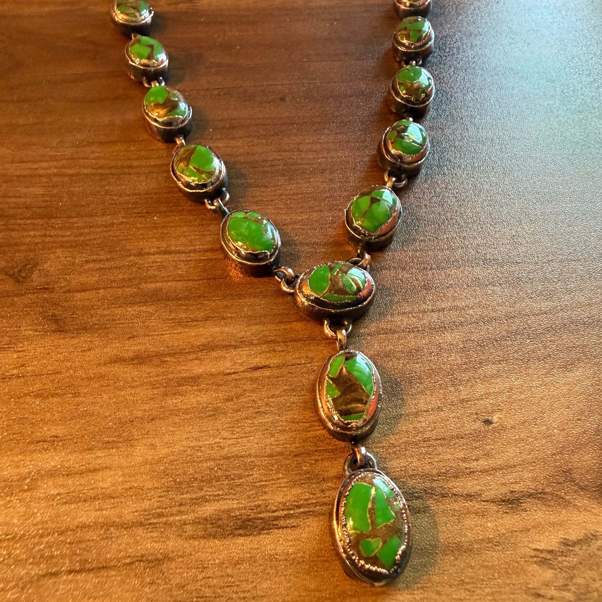 Handcrafted Green Turquoise Dahlia Necklace With Copper Chain 18 Inch Silver Elegant