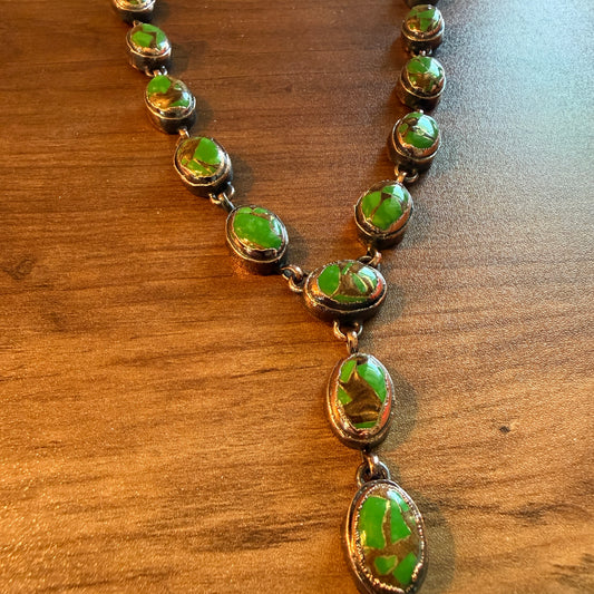 Handcrafted Green Turquoise Dahlia Necklace With Copper Chain 18 Inch Silver Elegant