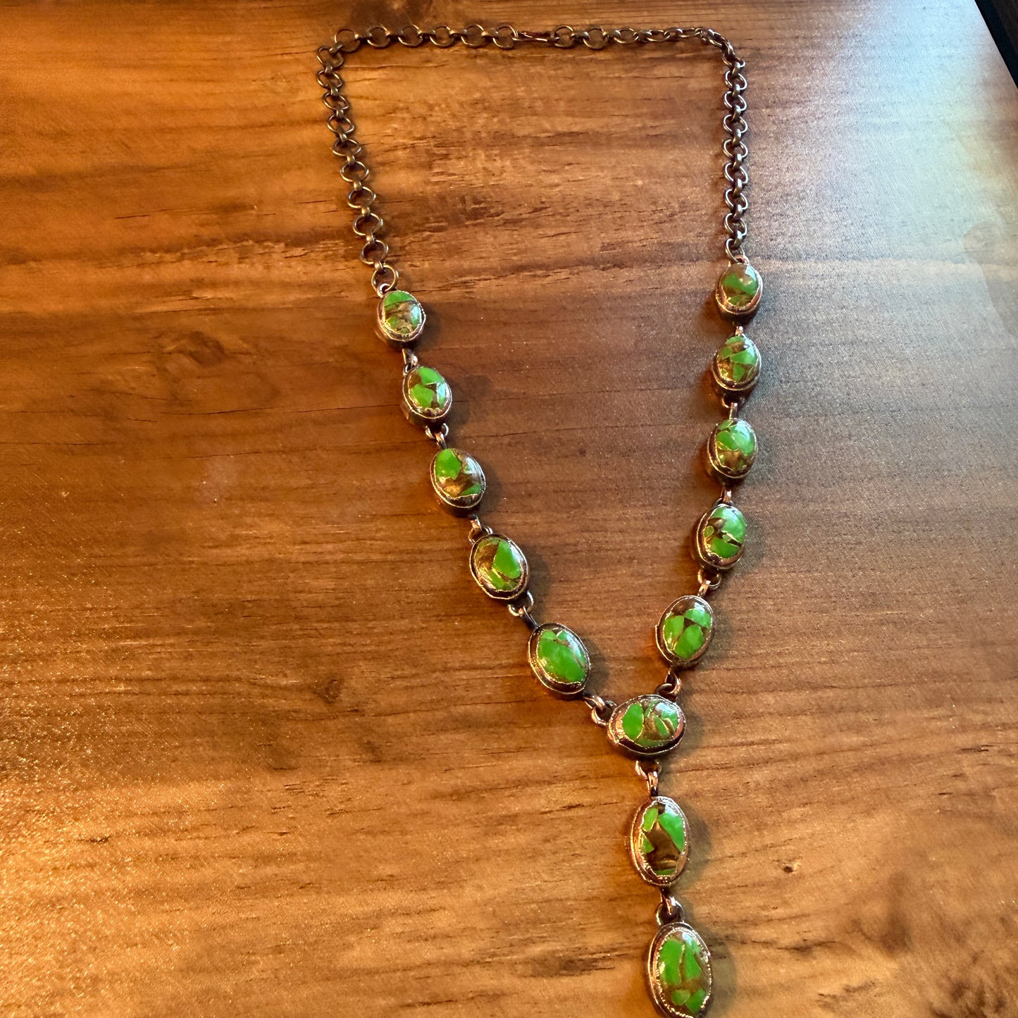 Handcrafted Green Turquoise Dahlia Necklace With Copper Chain 18 Inch Silver Elegant