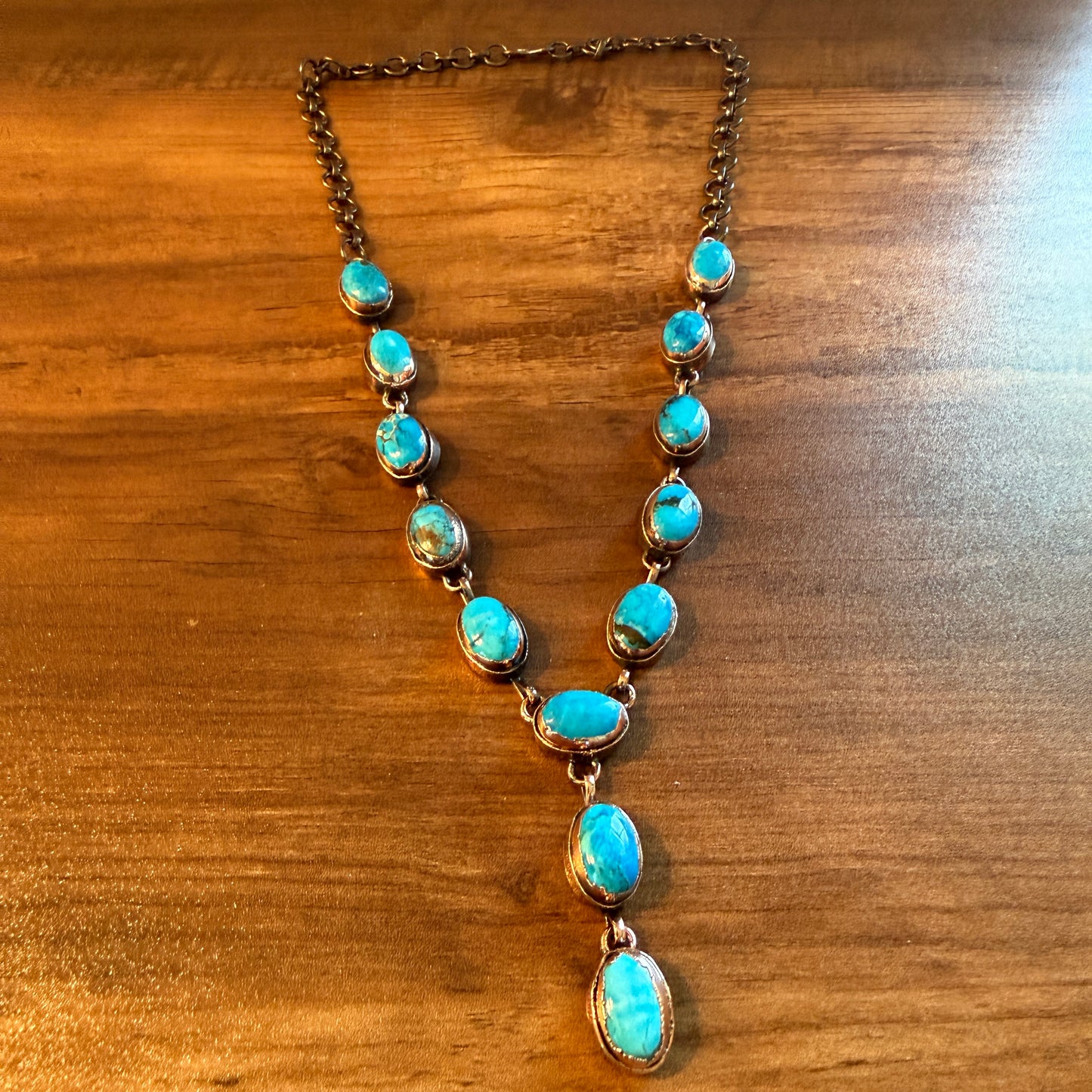 Handcrafted Turquoise Dahlia Stone Necklace Copper Chain 18 Inch Silver Elegant