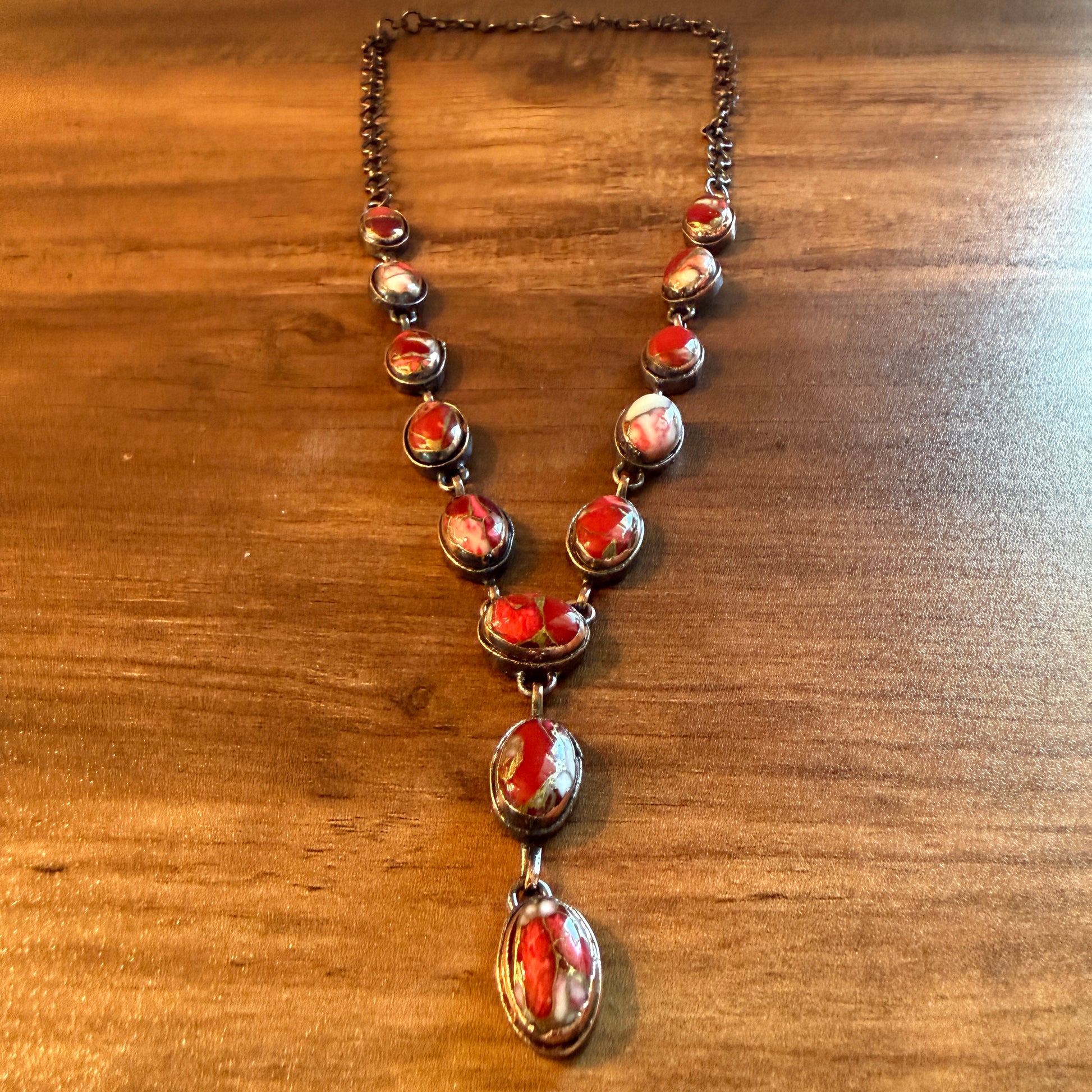 Handcrafted Red Rose Dahlia Gemstone Necklace With Copper Chain 18 Inch Silver Elegant