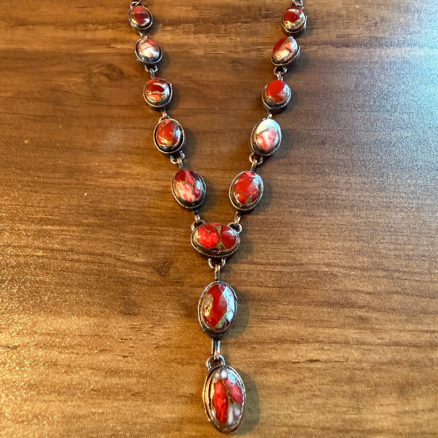 Handcrafted Red Rose Dahlia Gemstone Necklace With Copper Chain 18 Inch Silver Elegant