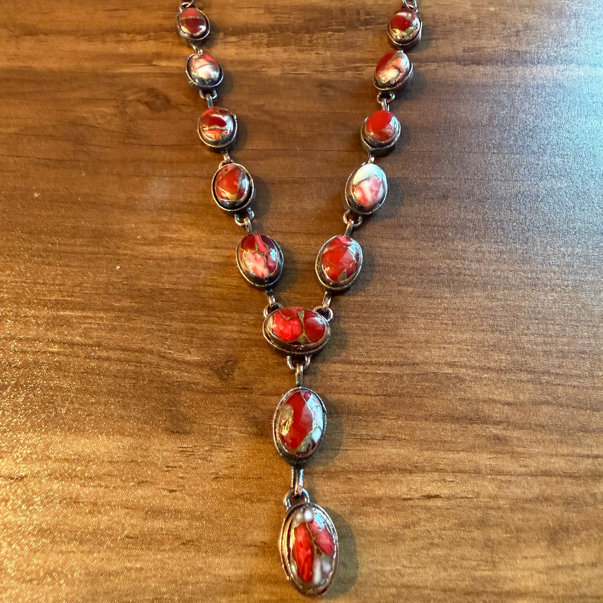 Handcrafted Red Rose Dahlia Gemstone Necklace With Copper Chain 18 Inch Silver Elegant