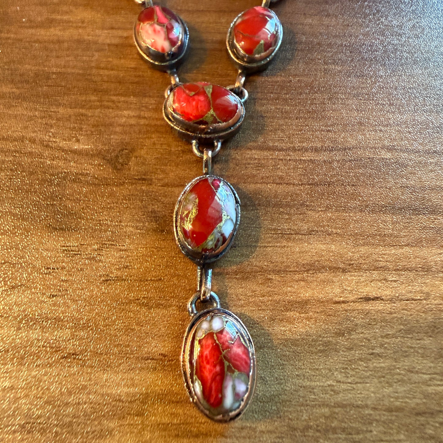 Handcrafted Red Rose Dahlia Gemstone Necklace With Copper Chain 18 Inch Silver Elegant