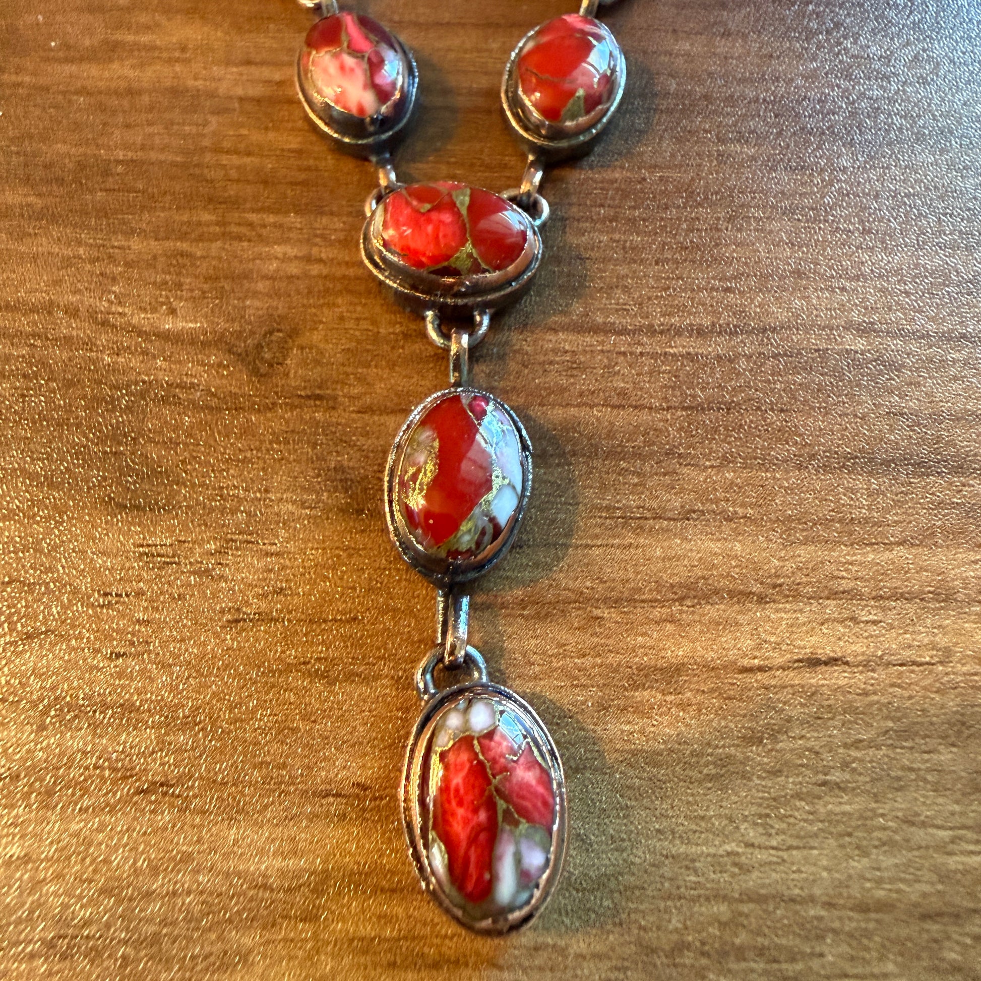 Handcrafted Red Rose Dahlia Gemstone Necklace With Copper Chain 18 Inch Silver Elegant