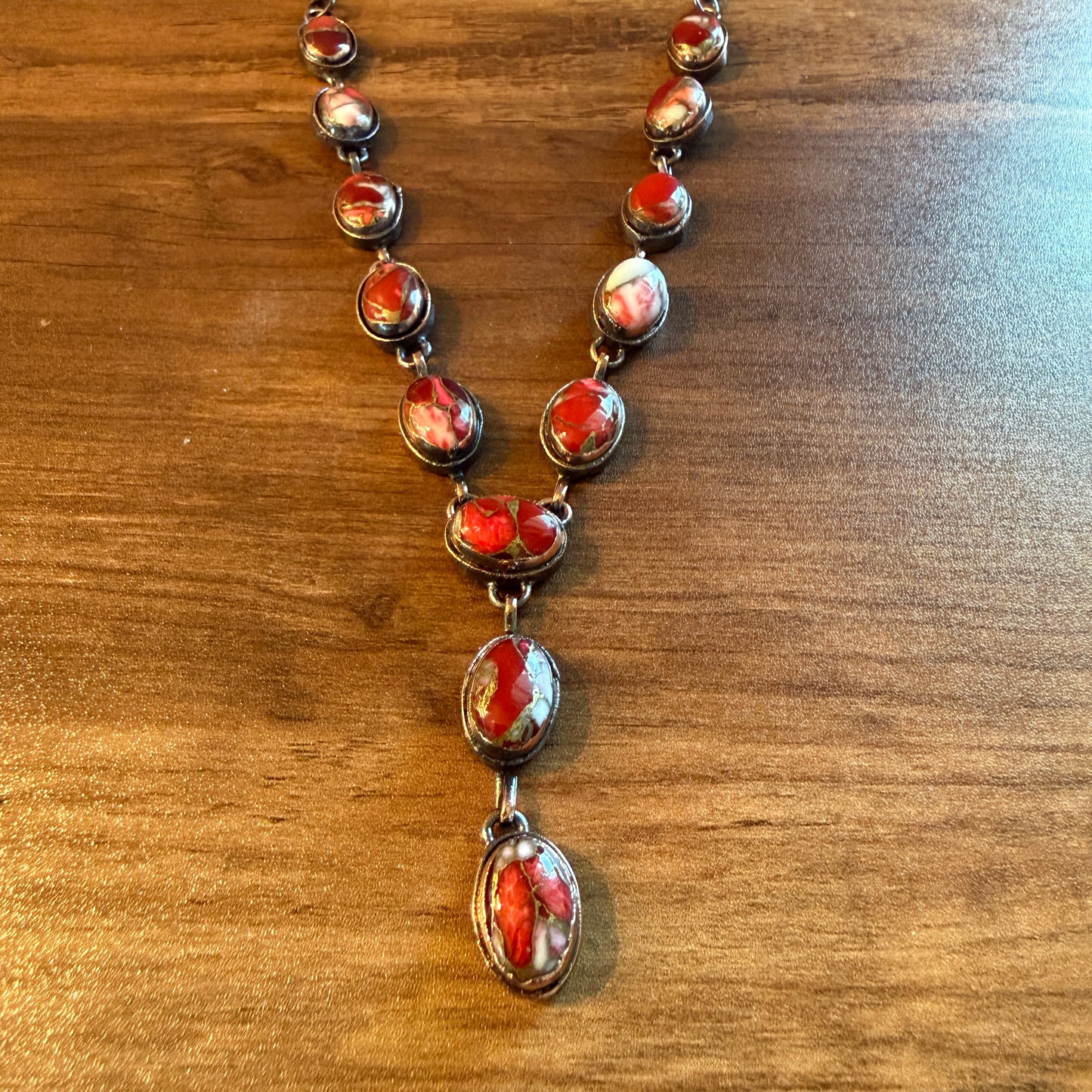 Handcrafted Red Rose Dahlia Gemstone Necklace With Copper Chain 18 Inch Silver Elegant