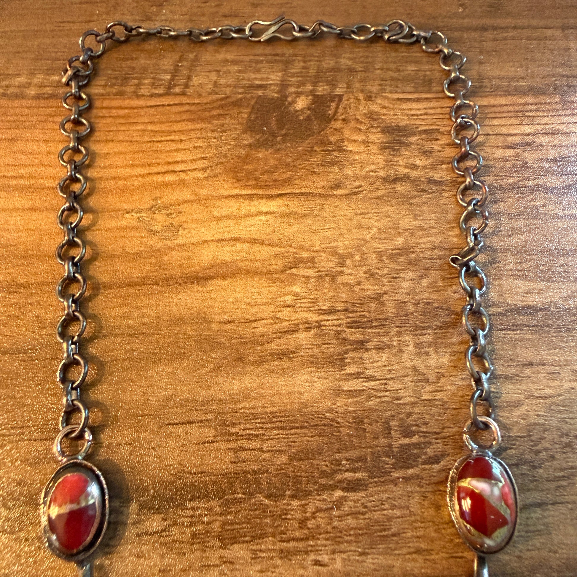 Handcrafted Red Rose Dahlia Gemstone Necklace With Copper Chain 18 Inch Silver Elegant