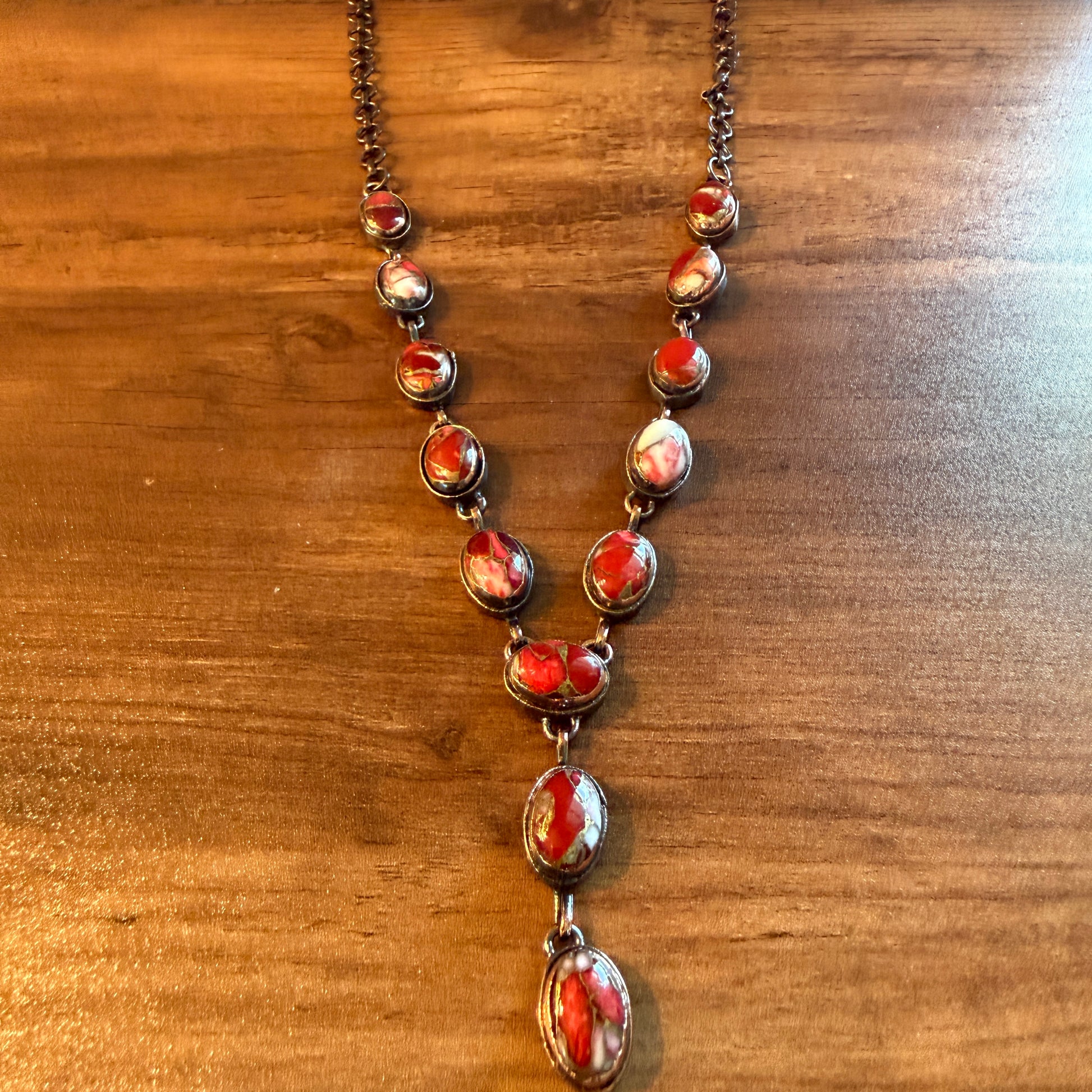 Handcrafted Red Rose Dahlia Gemstone Necklace With Copper Chain 18 Inch Silver Elegant