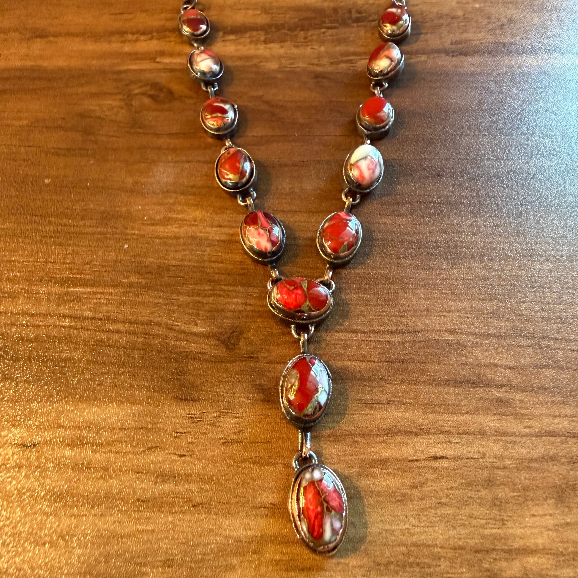 Handcrafted Red Rose Dahlia Gemstone Necklace With Copper Chain 18 Inch Silver Elegant
