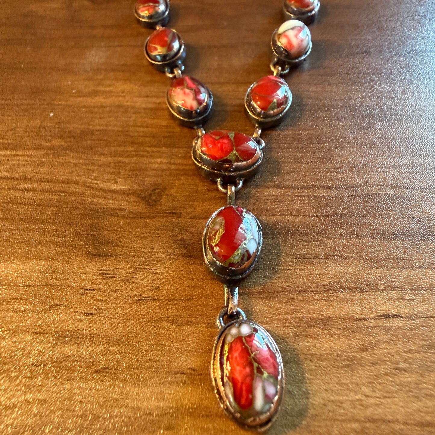 Handcrafted Red Rose Dahlia Gemstone Necklace With Copper Chain 18 Inch Silver Elegant