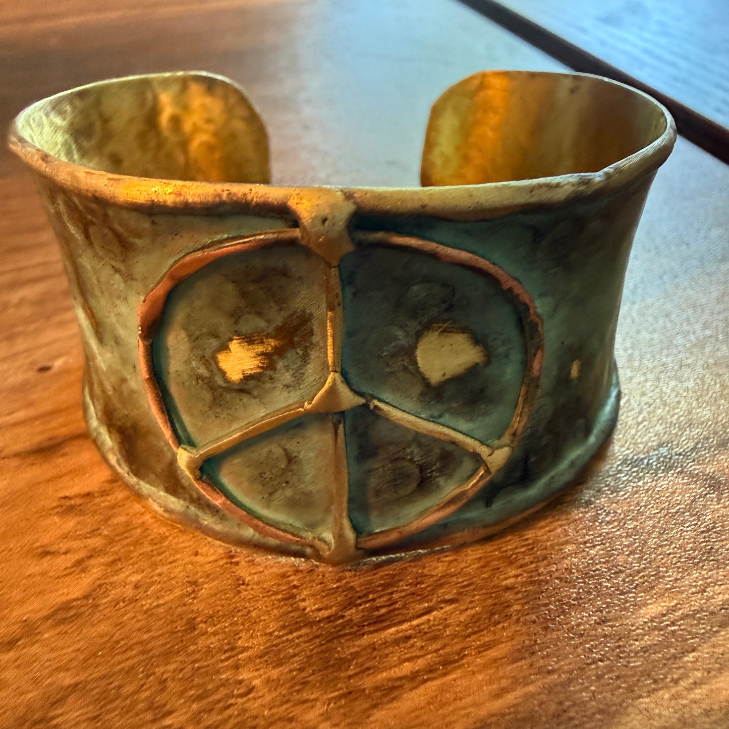 Handcrafted Brass Patina Cuff Bracelet With Rustic Blue Peace Sign Silver Elegant