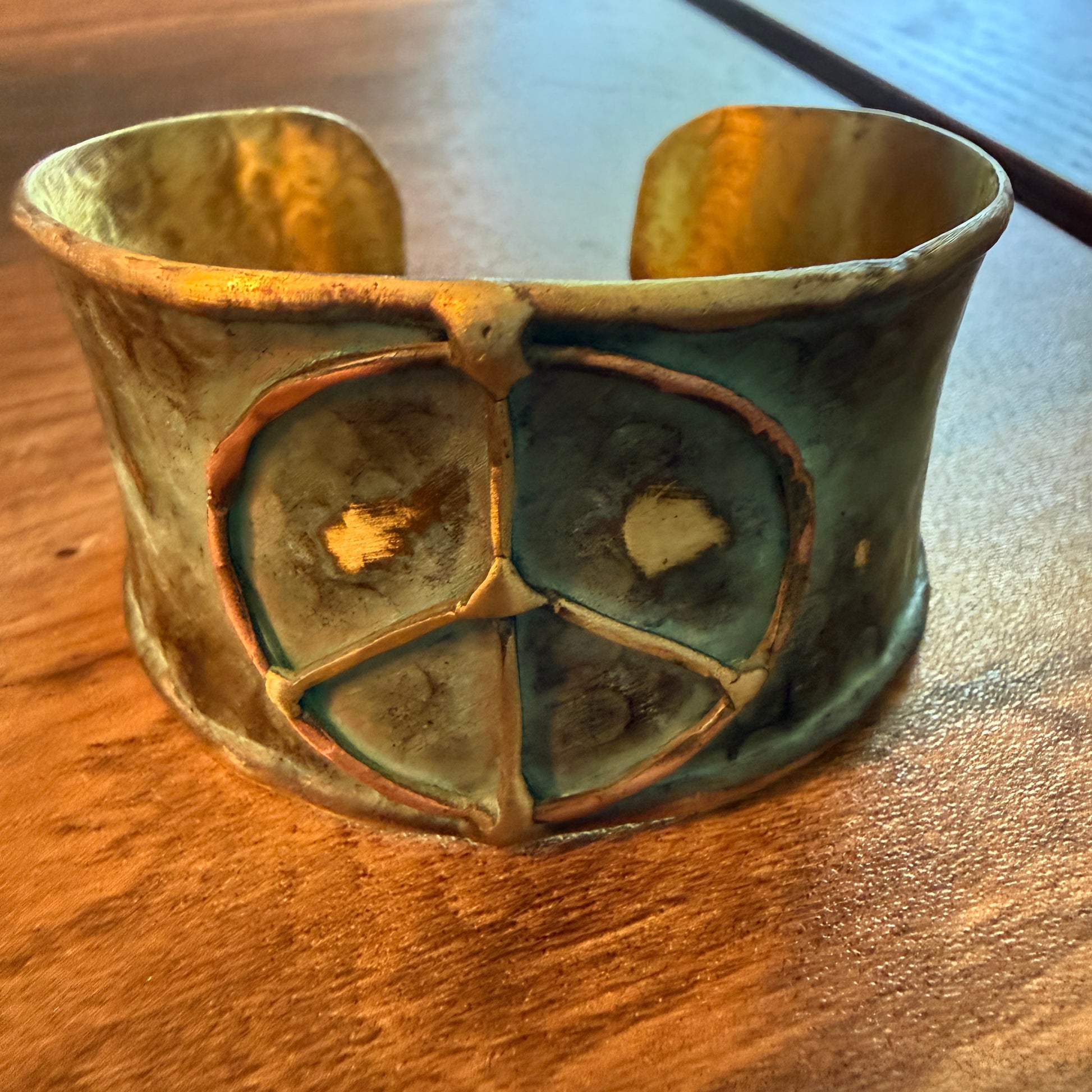 Handcrafted Brass Patina Cuff Bracelet With Rustic Blue Peace Sign Silver Elegant