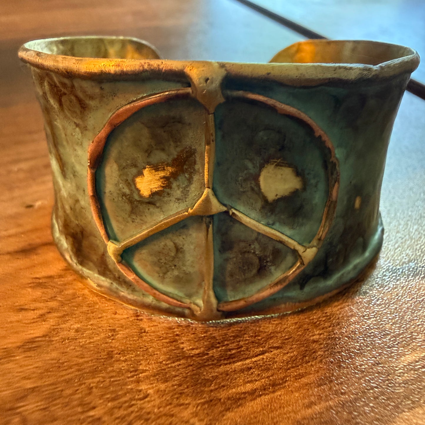 Handcrafted Brass Patina Cuff Bracelet With Rustic Blue Peace Sign Silver Elegant