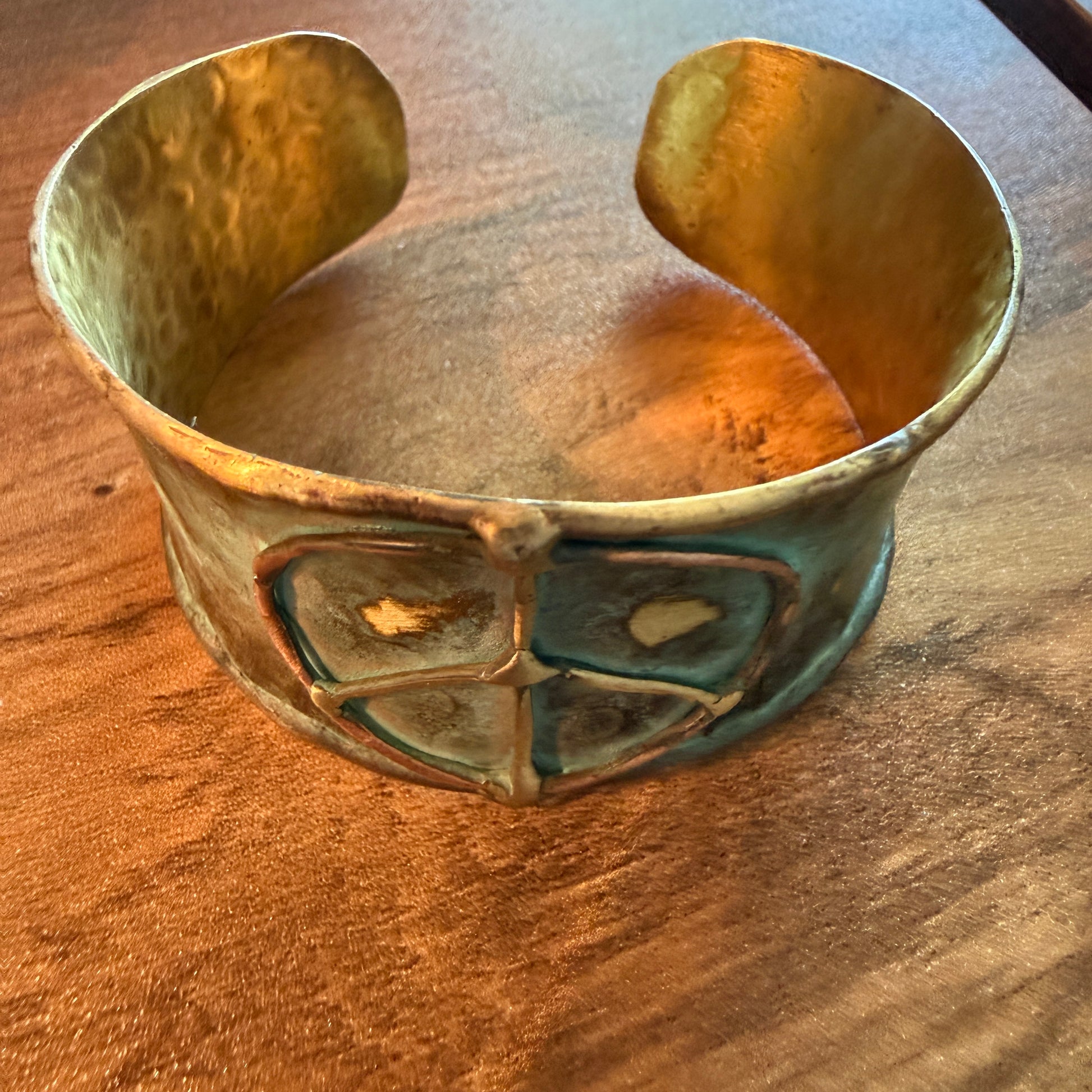 Handcrafted Brass Patina Cuff Bracelet With Rustic Blue Peace Sign Silver Elegant