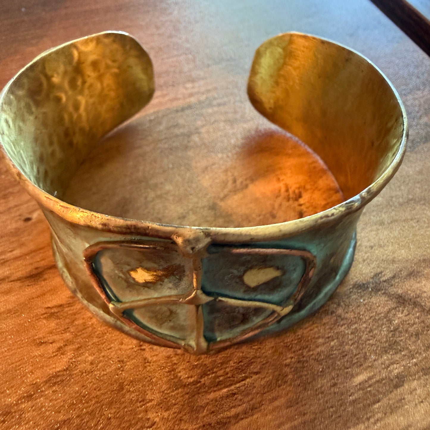 Handcrafted Brass Patina Cuff Bracelet With Rustic Blue Peace Sign Silver Elegant