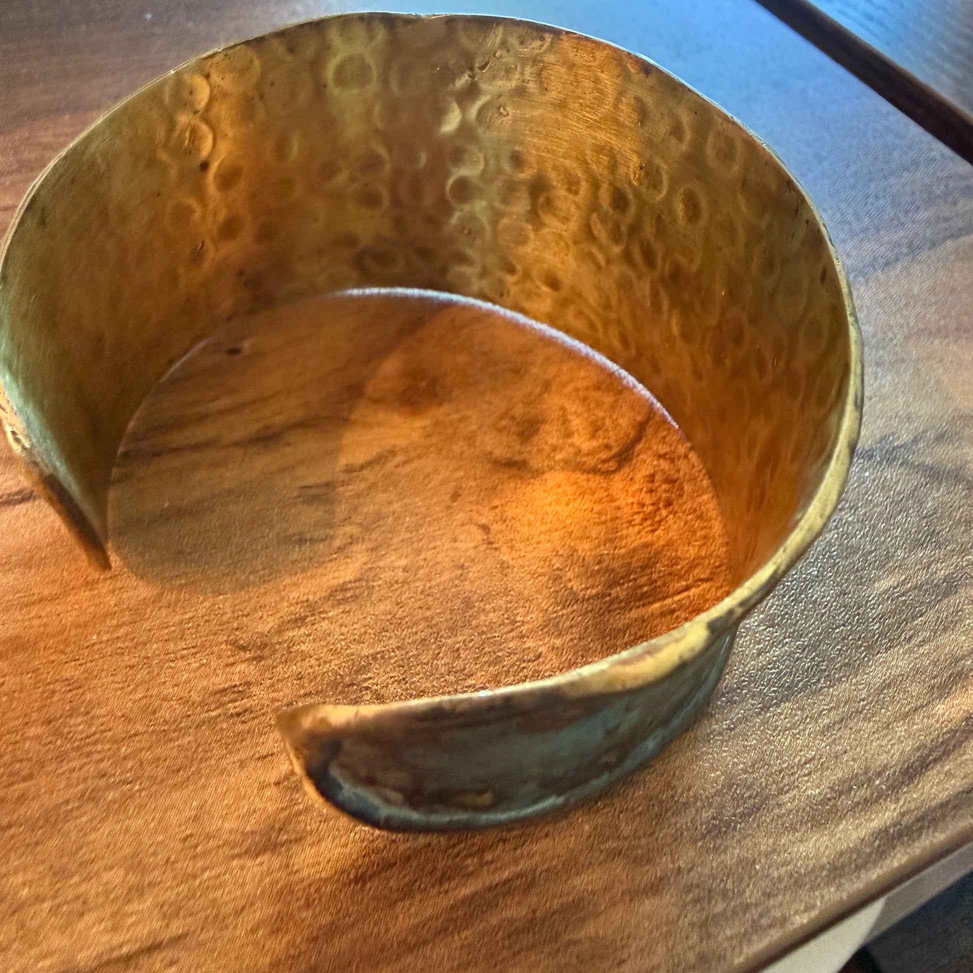 Handcrafted Brass Patina Cuff Bracelet With Rustic Blue Peace Sign Silver Elegant