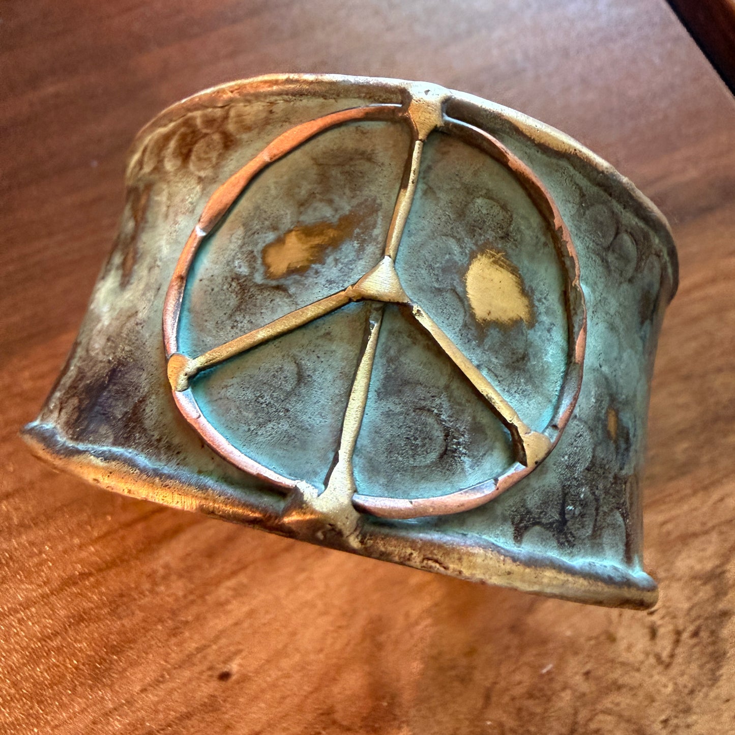 Handcrafted Brass Patina Cuff Bracelet With Rustic Blue Peace Sign Silver Elegant