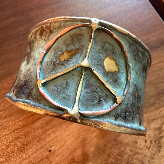 Handcrafted Brass Patina Cuff Bracelet With Rustic Blue Peace Sign Silver Elegant