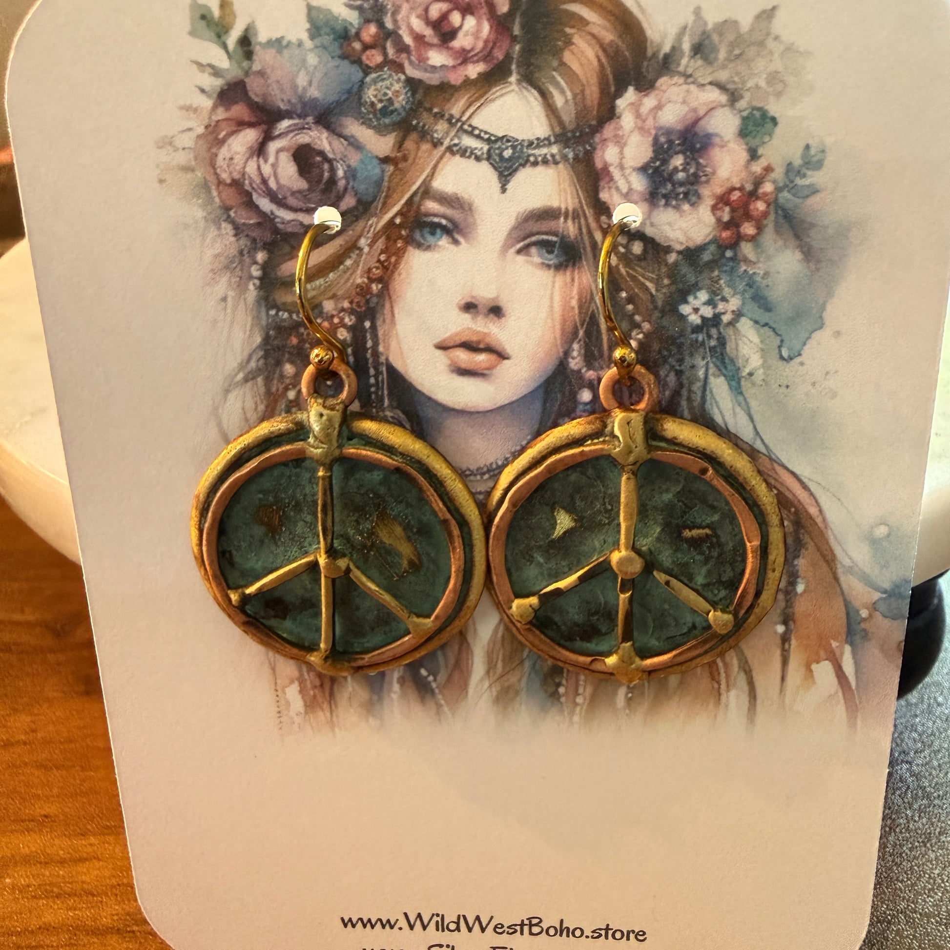 Handcrafted Verdigris Peace Sign Brass Patina Dangle Earrings Silver Elegant