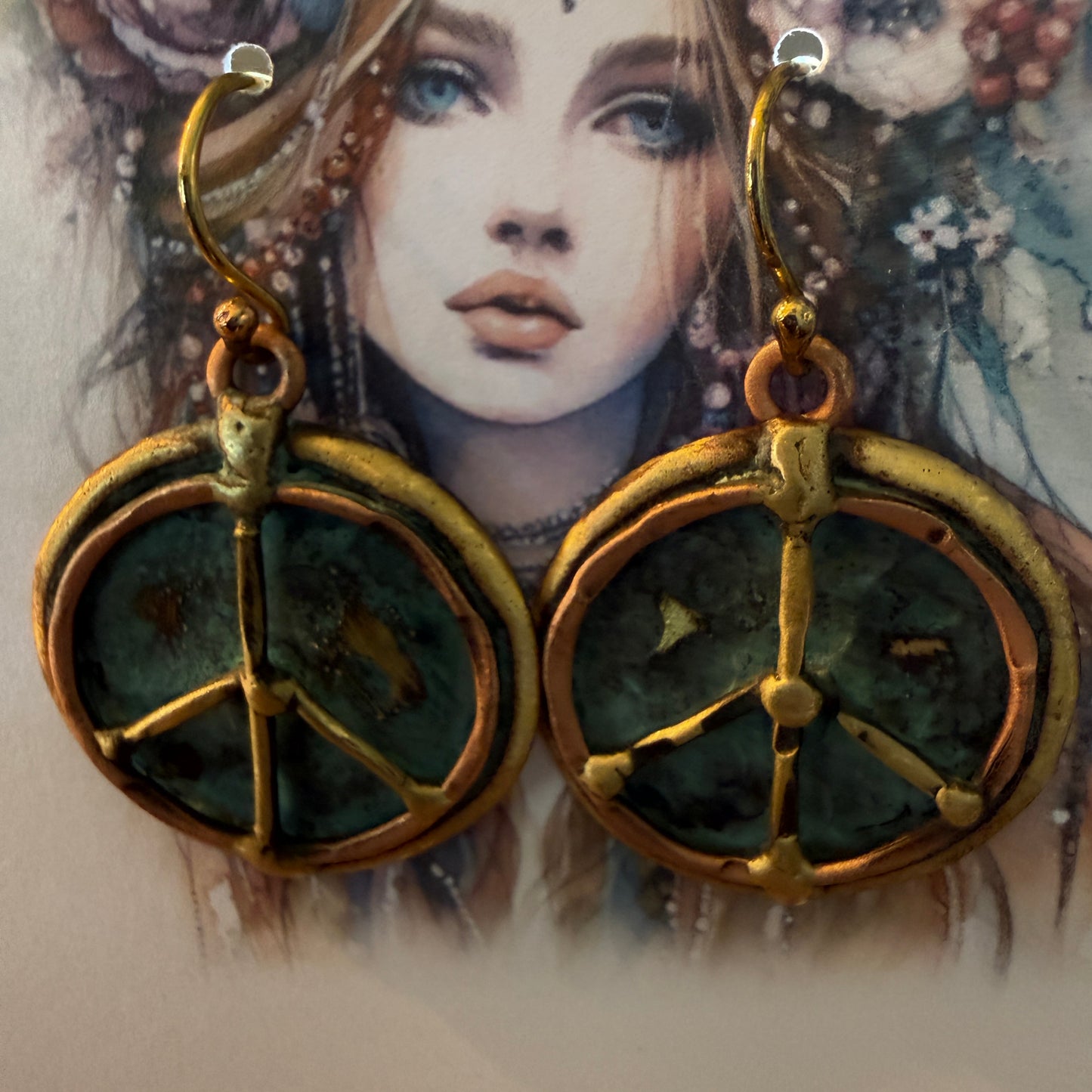 Handcrafted Verdigris Peace Sign Brass Patina Dangle Earrings Silver Elegant