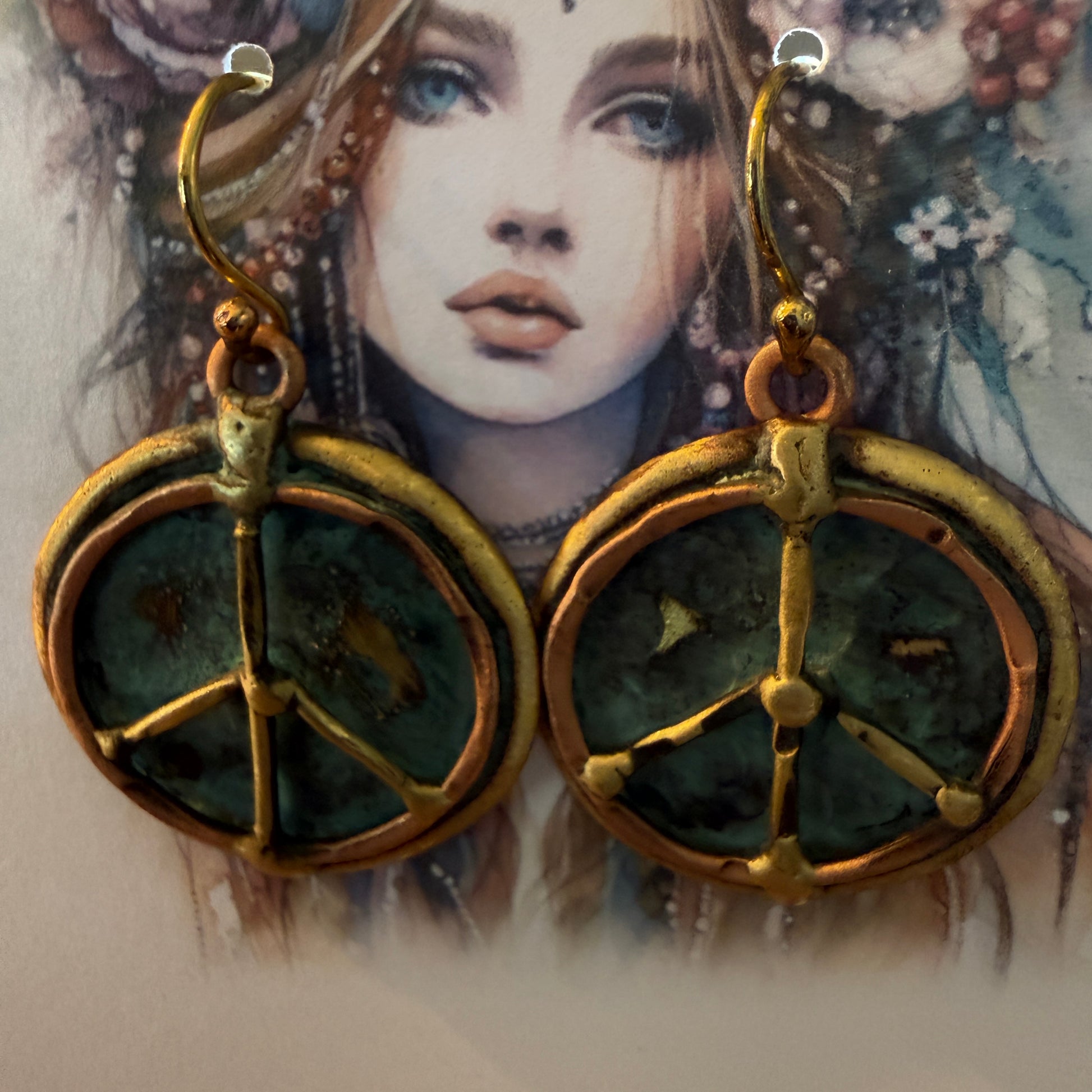 Handcrafted Verdigris Peace Sign Brass Patina Dangle Earrings Silver Elegant
