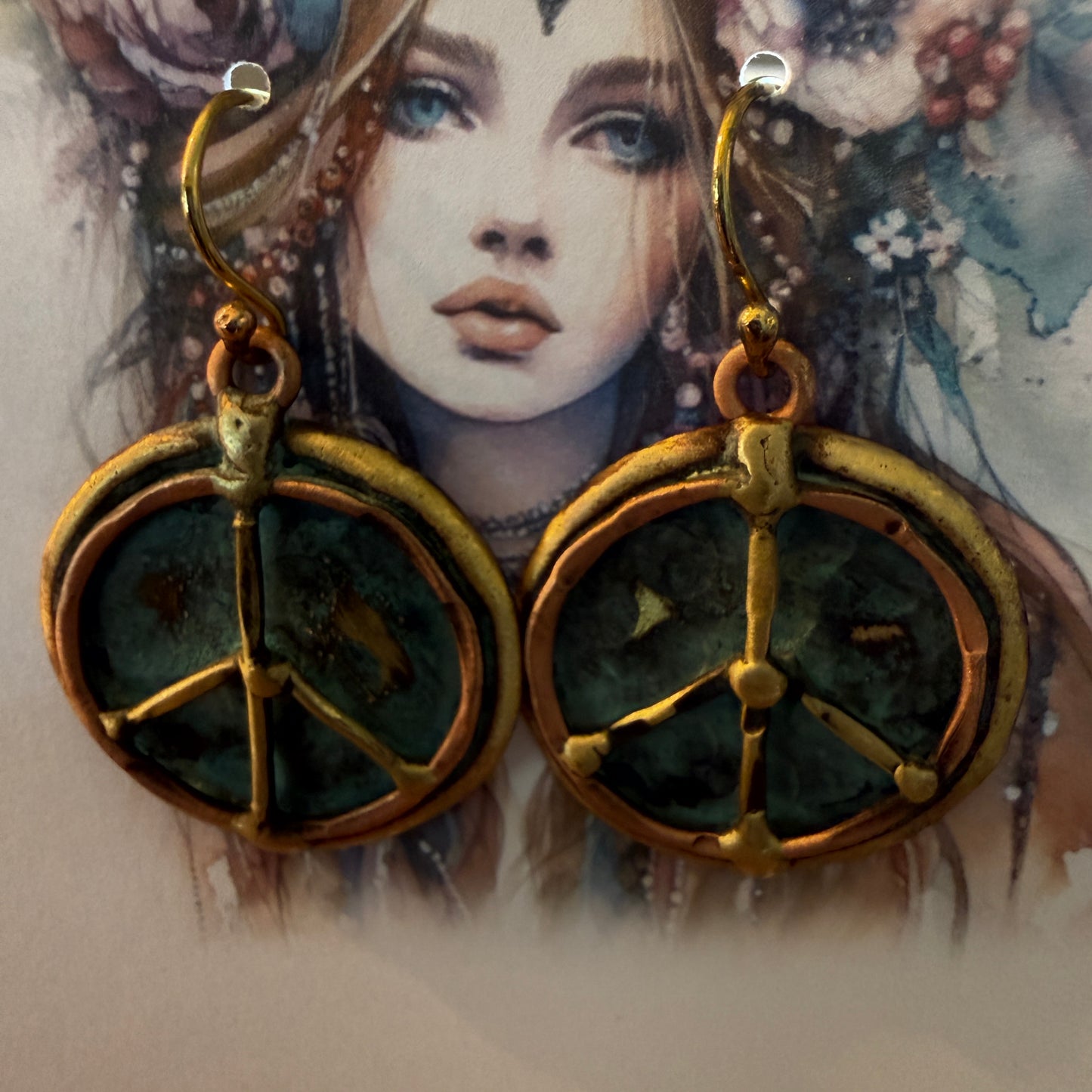 Handcrafted Verdigris Peace Sign Brass Patina Dangle Earrings Silver Elegant
