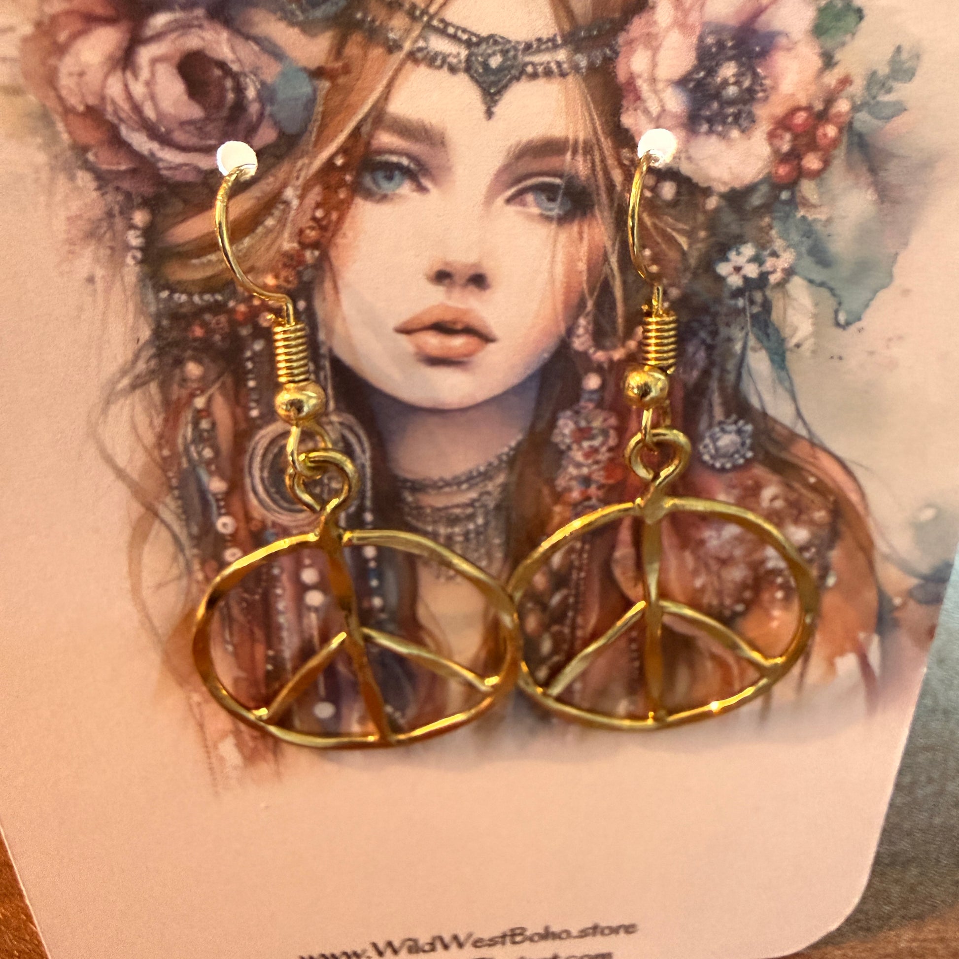Handcrafted Hippie Gold Plated Peace Sign Wire Drop Earrings Silver Elegant