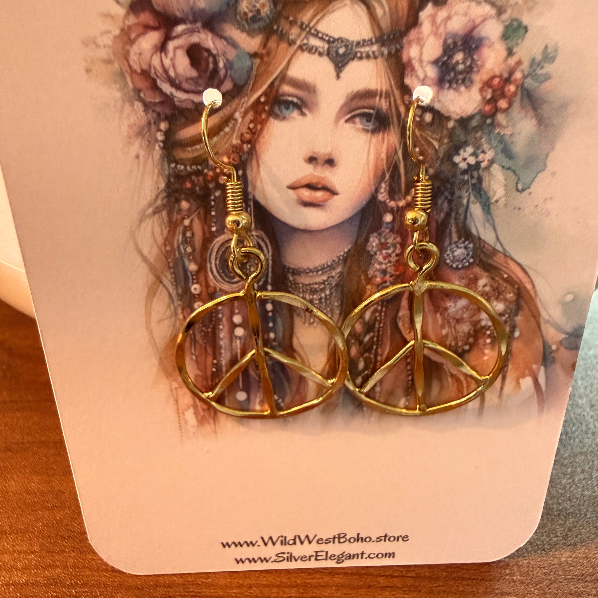 Handcrafted Hippie Gold Plated Peace Sign Wire Drop Earrings Silver Elegant