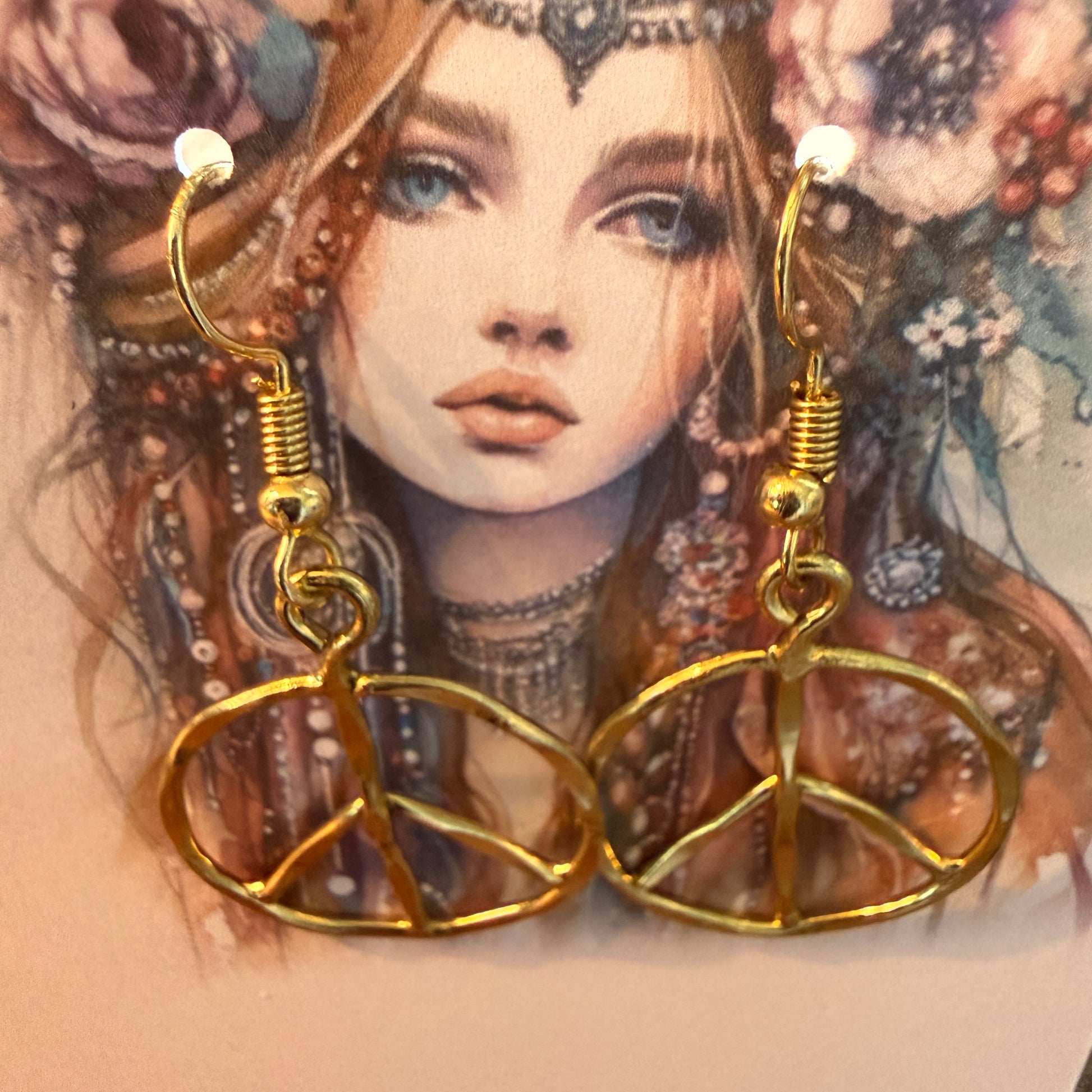 Handcrafted Hippie Gold Plated Peace Sign Wire Drop Earrings Silver Elegant