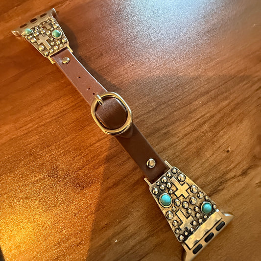 Handcrafted Cowgirl Apple Watch Band Leather Religious Turquoise Cross 38 40mm Silver Elegant