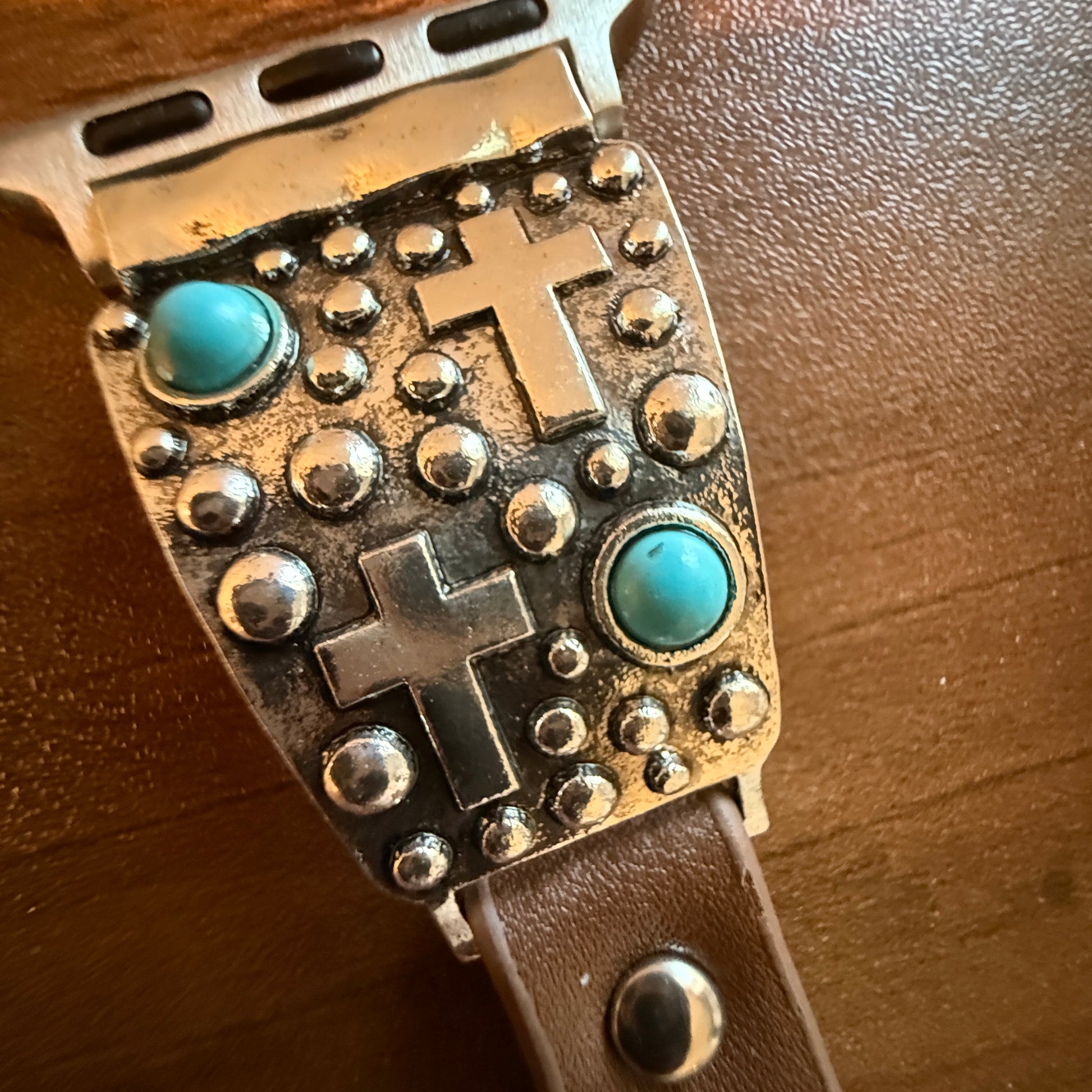 Handcrafted Cowgirl Apple Watch Band Leather Religious Turquoise Cross 38 40mm Silver Elegant