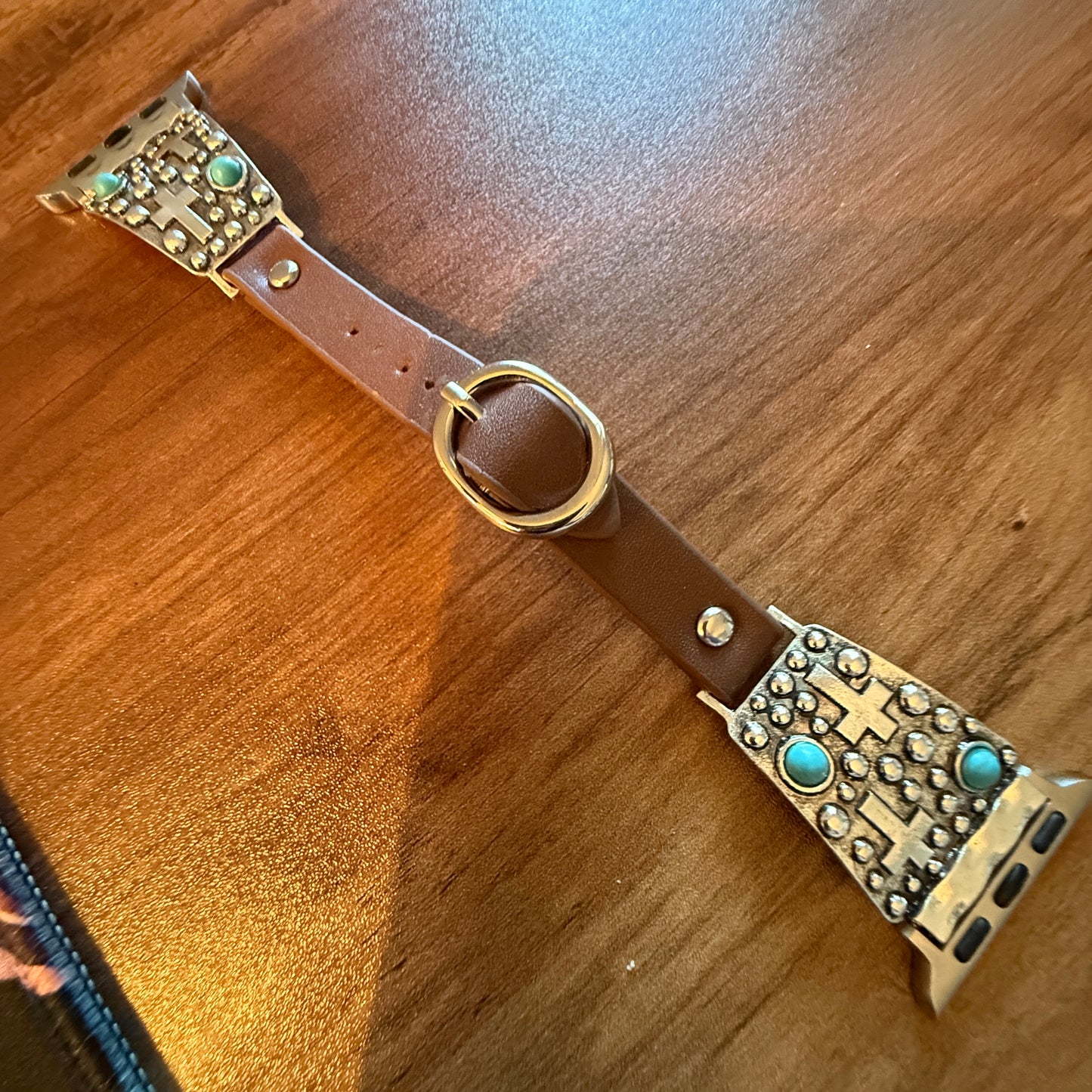 Handcrafted Cowgirl Apple Watch Band Leather Religious Turquoise Cross 38 40mm Silver Elegant