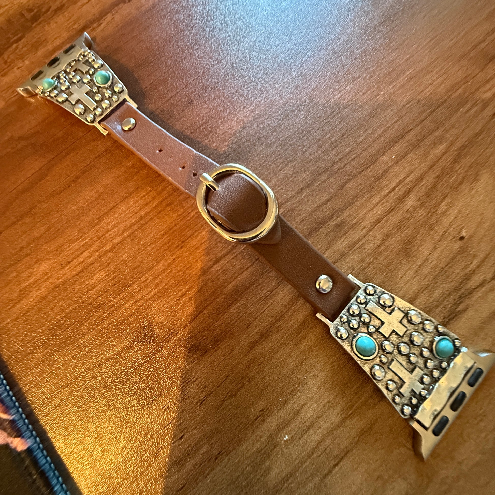 Handcrafted Cowgirl Apple Watch Band Leather Religious Turquoise Cross 38 40mm Silver Elegant