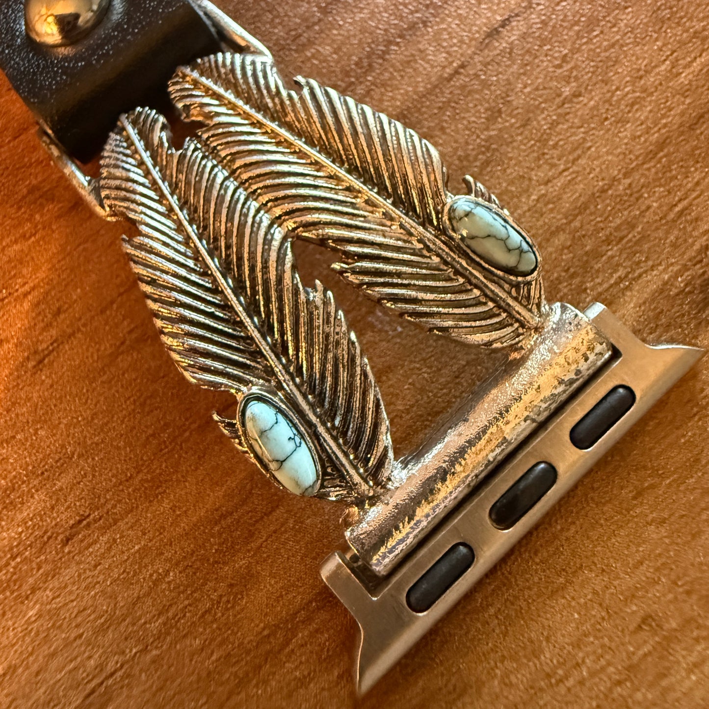 Handcrafted Navajo Style Apple Watch Band Turquoise Feather Leather Silver Elegant