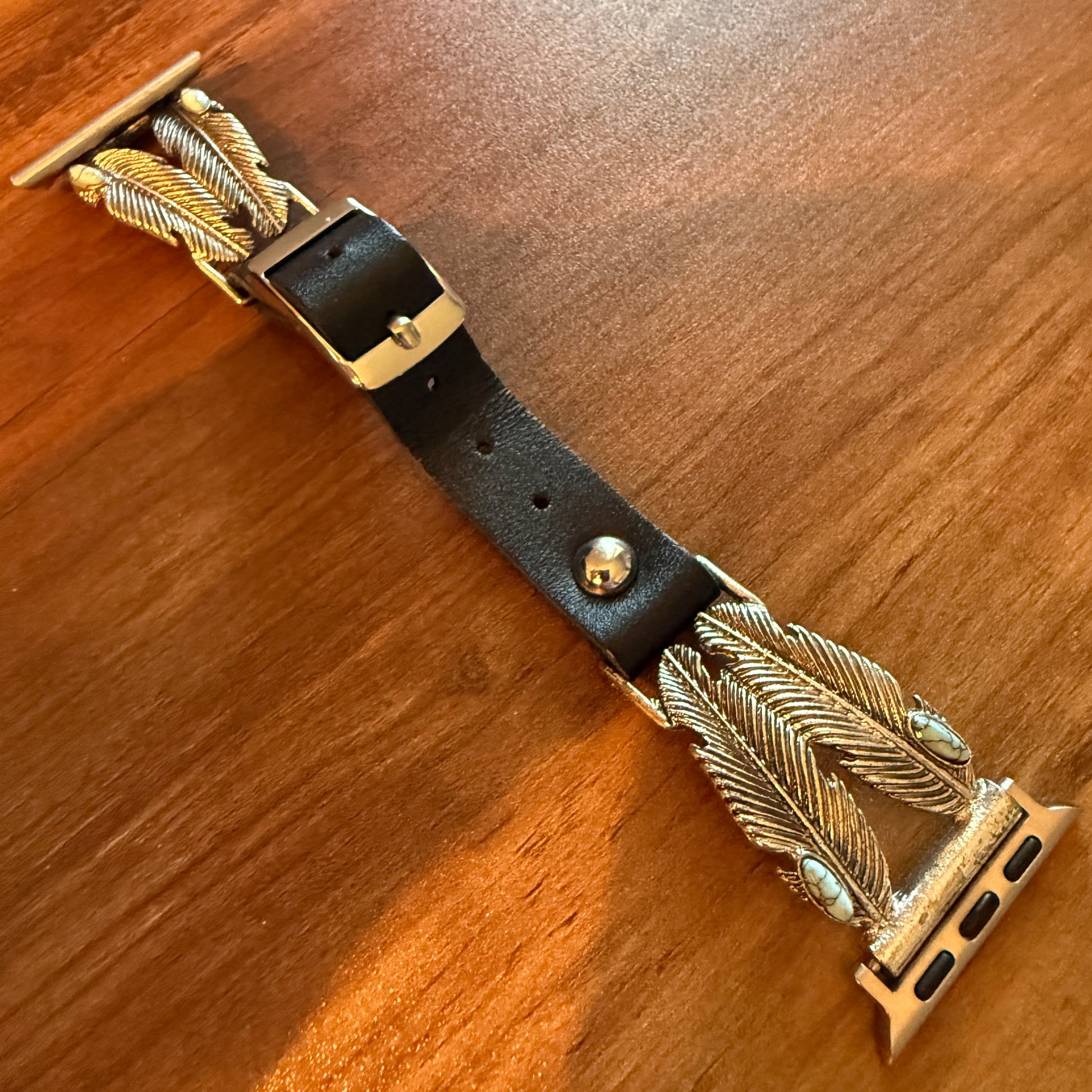 Handcrafted Navajo Style Apple Watch Band Turquoise Feather Leather Silver Elegant