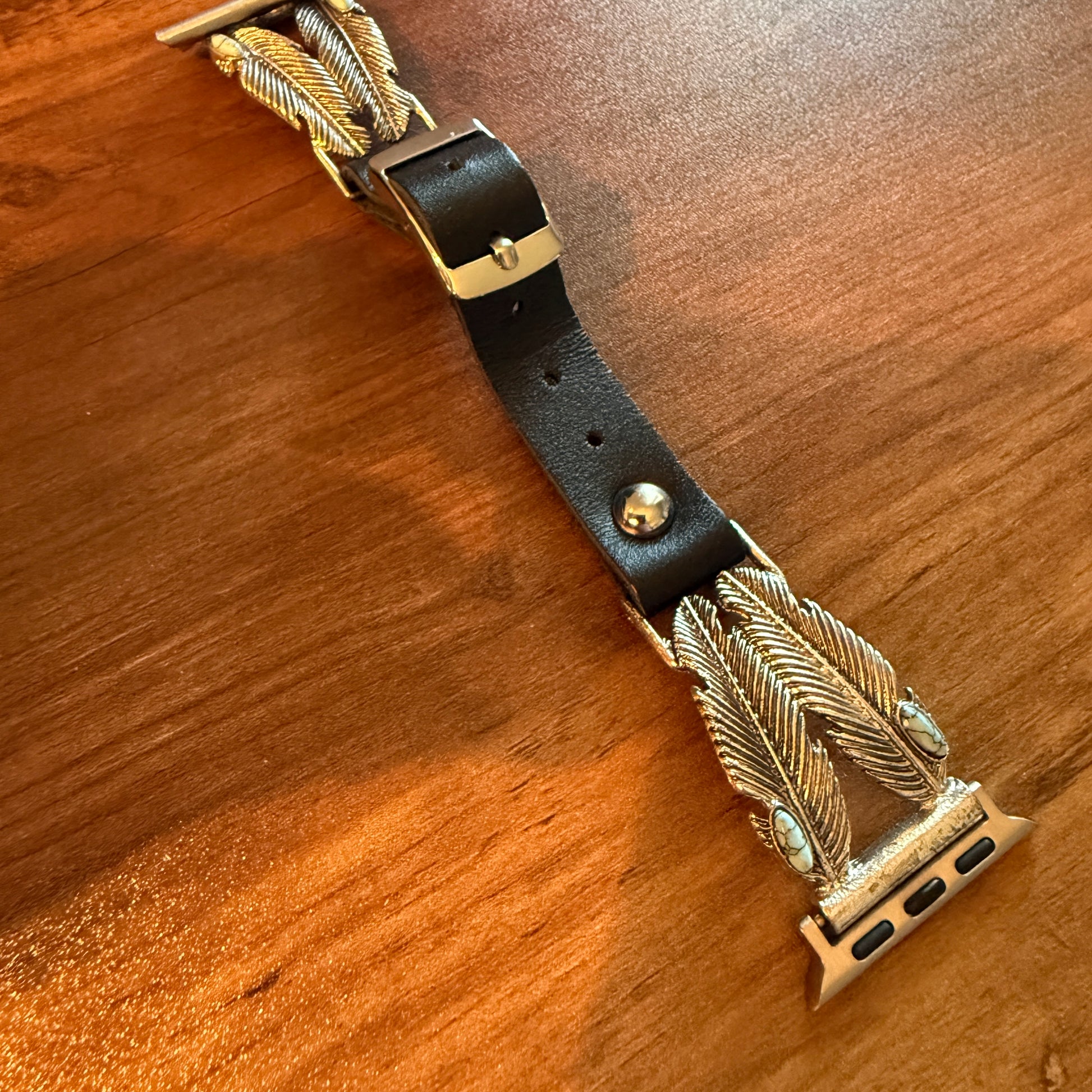 Handcrafted Navajo Style Apple Watch Band Turquoise Feather Leather Silver Elegant