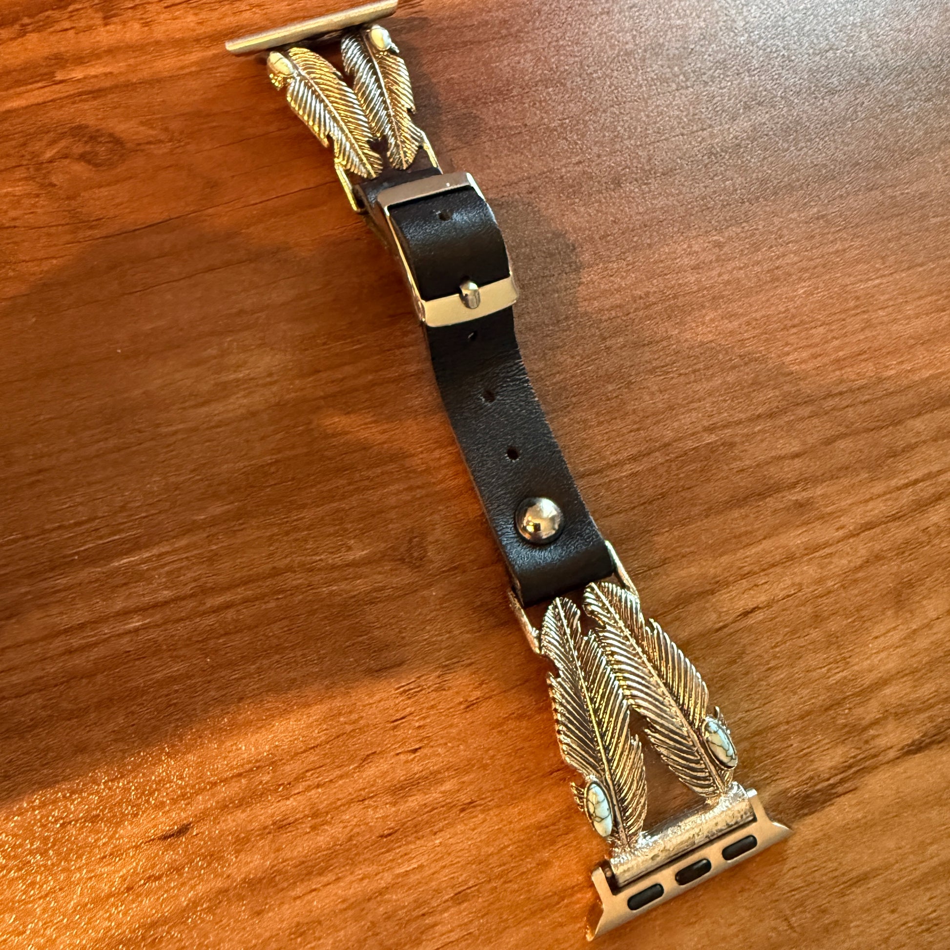 Handcrafted Navajo Style Apple Watch Band Turquoise Feather Leather Silver Elegant