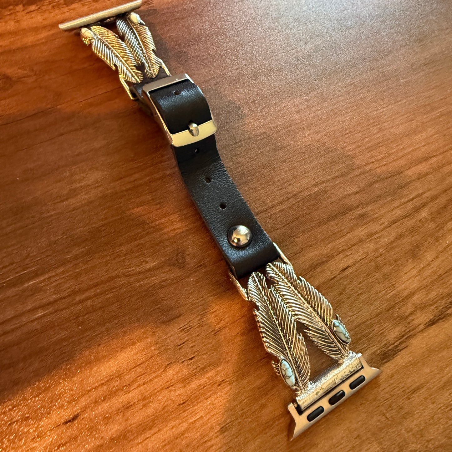 Handcrafted Navajo Style Apple Watch Band Turquoise Feather Leather Silver Elegant
