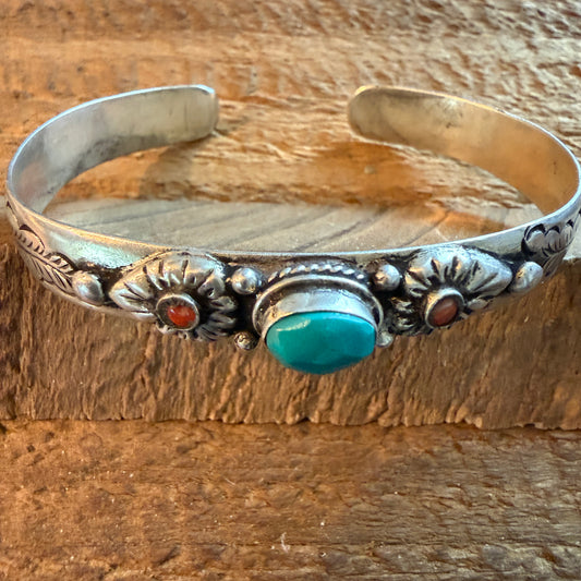 Navajo Style Blue Turquoise and Coral Bangle Bracelet, German Silver Silver Elegant