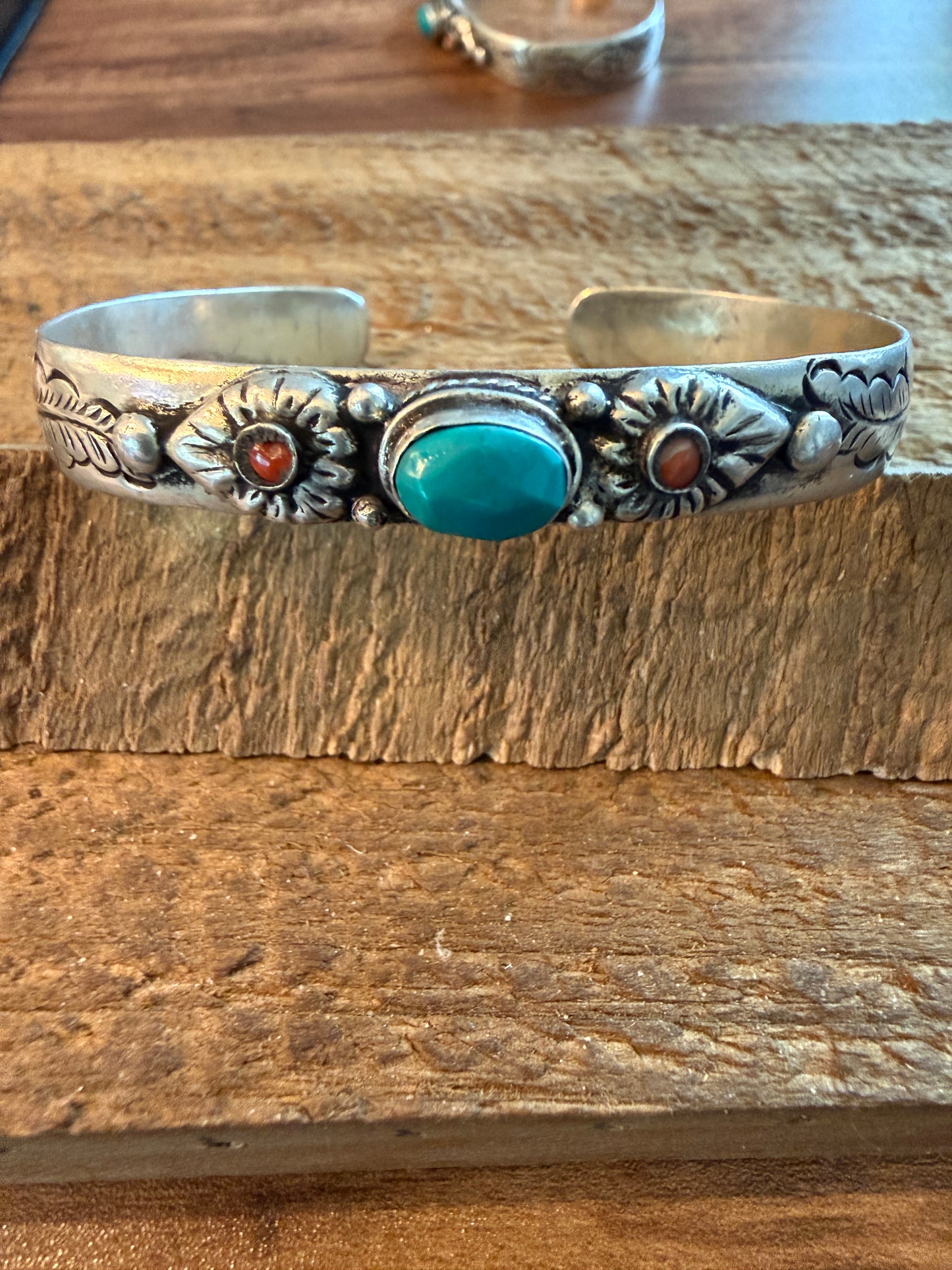Navajo Style Blue Turquoise and Coral Bangle Bracelet, German Silver Silver Elegant