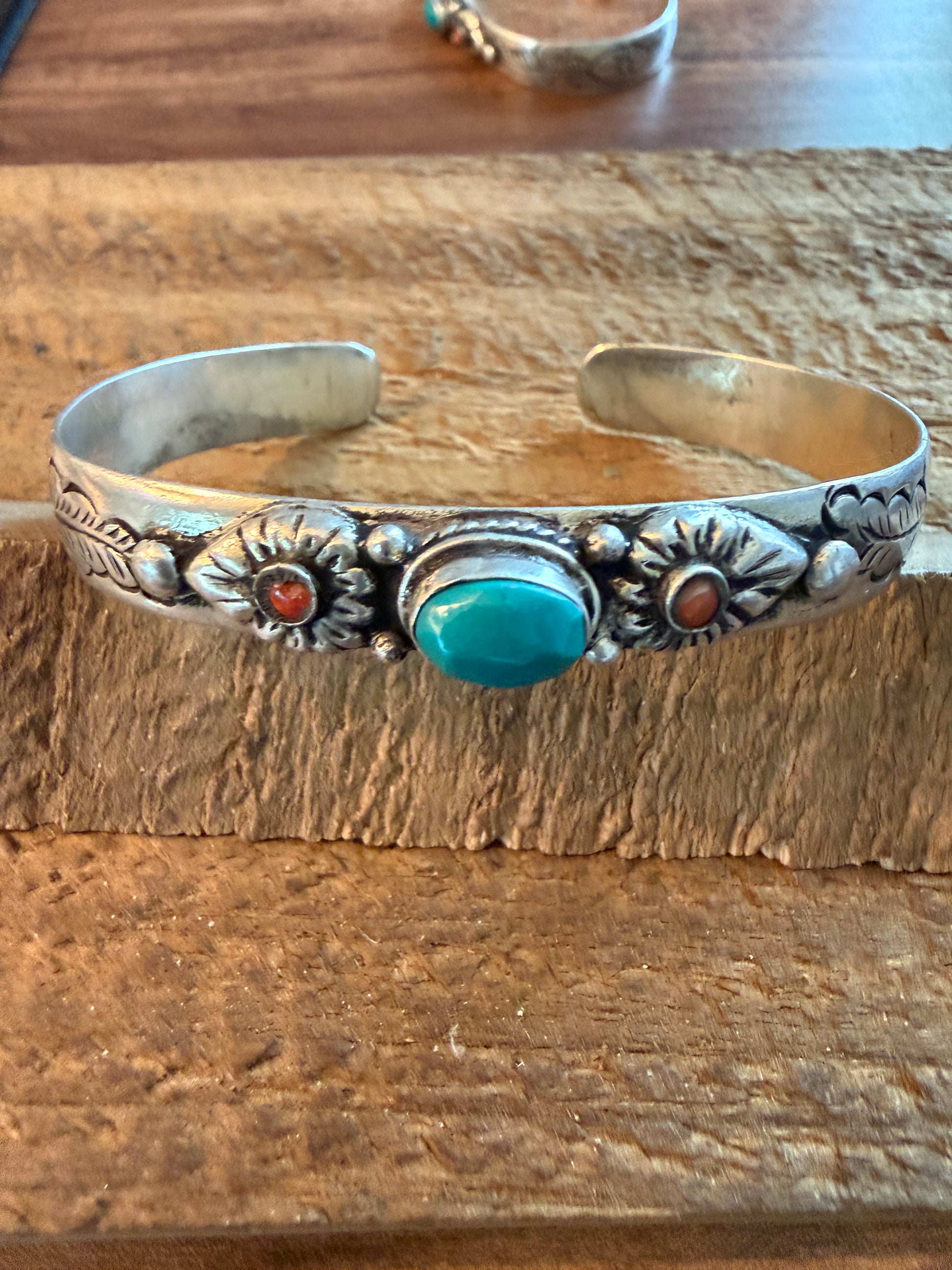Navajo Style Blue Turquoise and Coral Bangle Bracelet, German Silver Silver Elegant