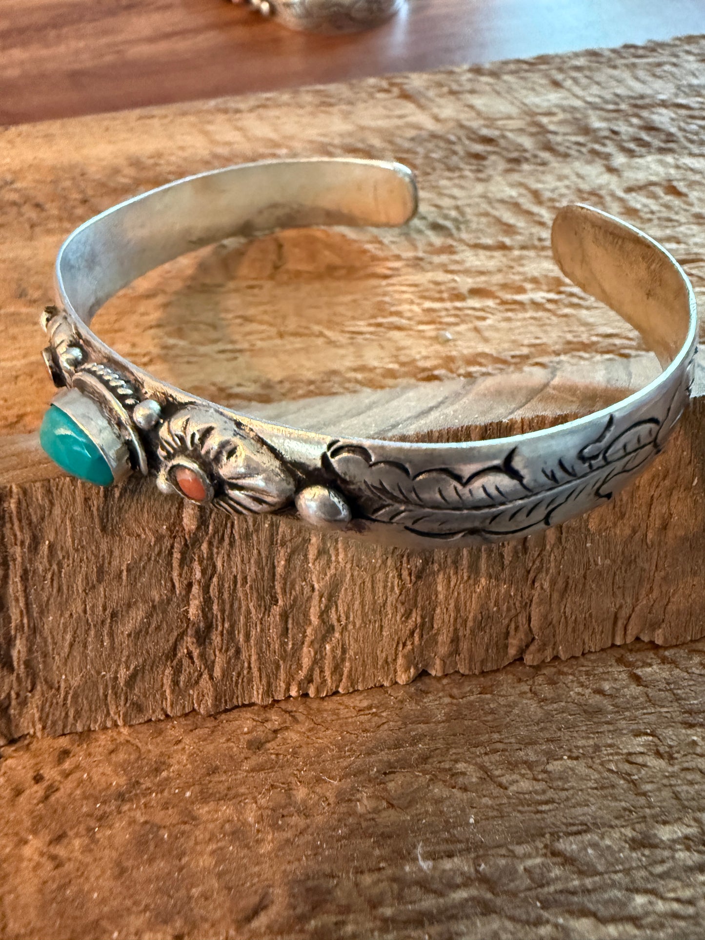 Navajo Style Blue Turquoise and Coral Bangle Bracelet, German Silver Silver Elegant