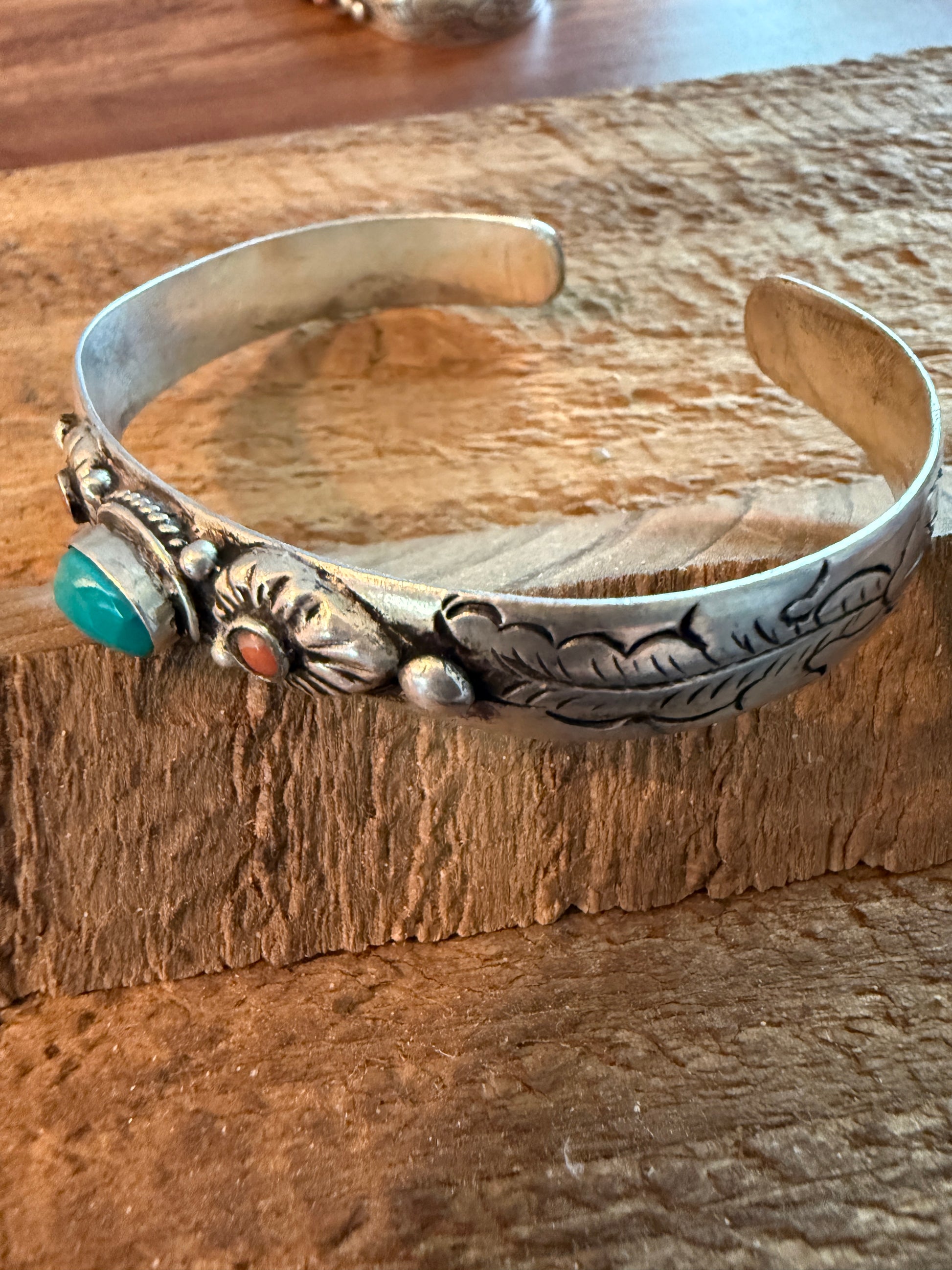 Navajo Style Blue Turquoise and Coral Bangle Bracelet, German Silver Silver Elegant