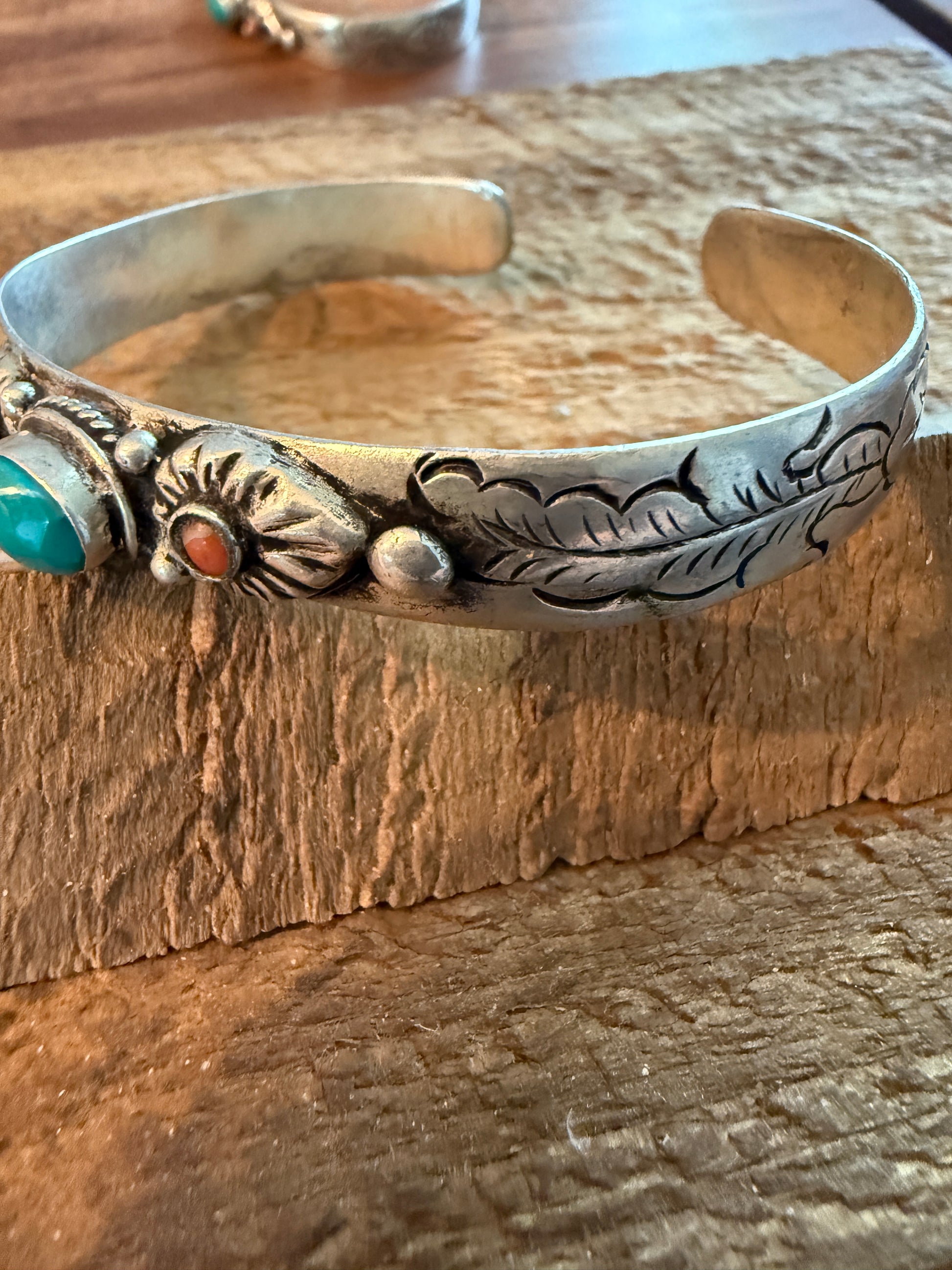 Navajo Style Blue Turquoise and Coral Bangle Bracelet, German Silver Silver Elegant